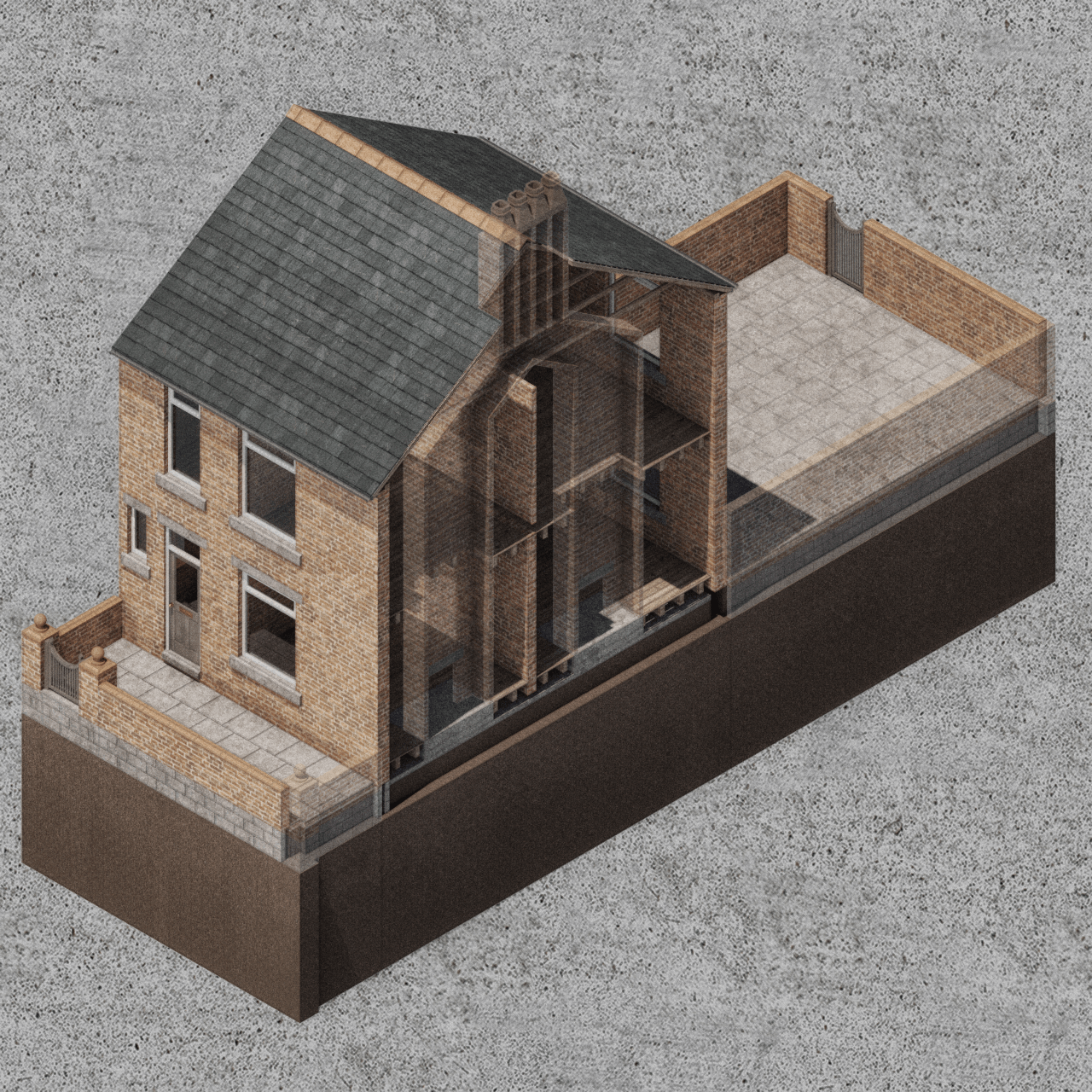 A south-facing front façade that expresses a clear distinction between the interior and the exterior space from which it is isolated.