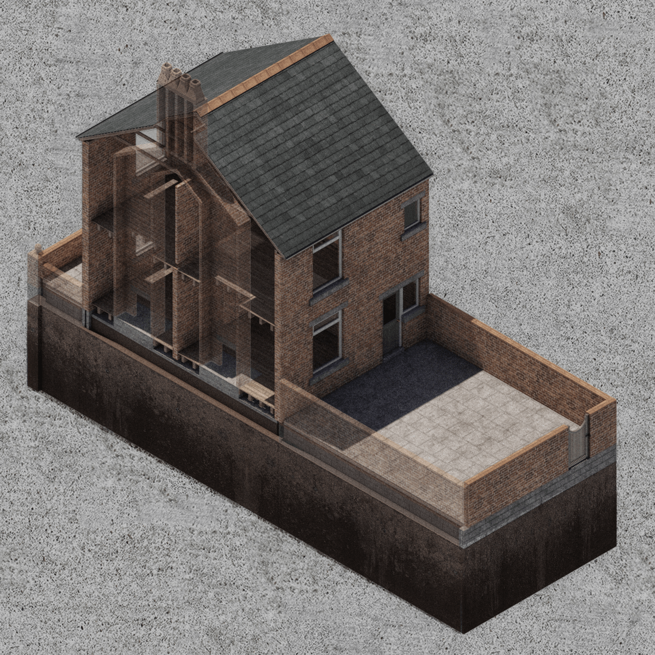 A north-facing rear façade that expresses a clear distinction between the interior and the exterior space from which it is isolated.
