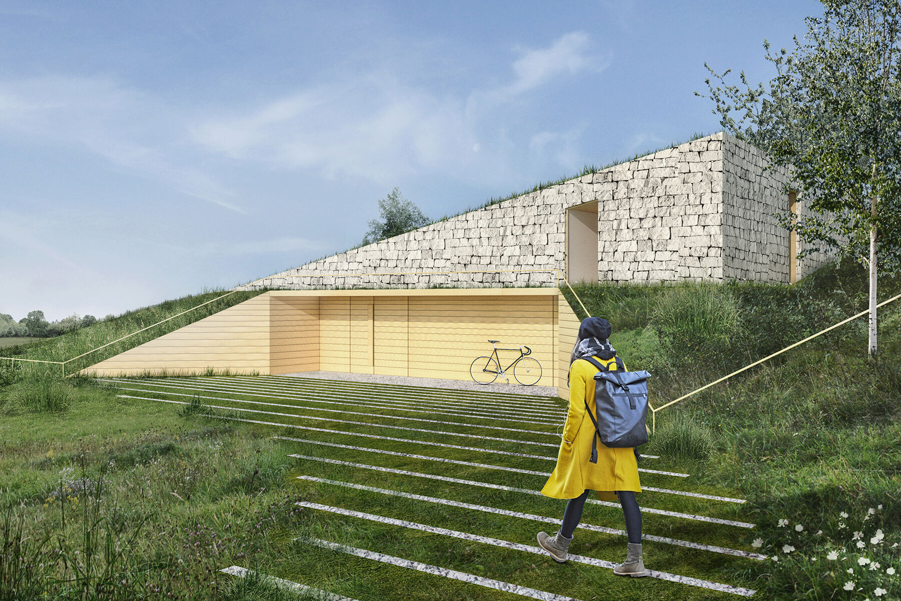 Facade covered by local materials – natural wood and Jura limestone