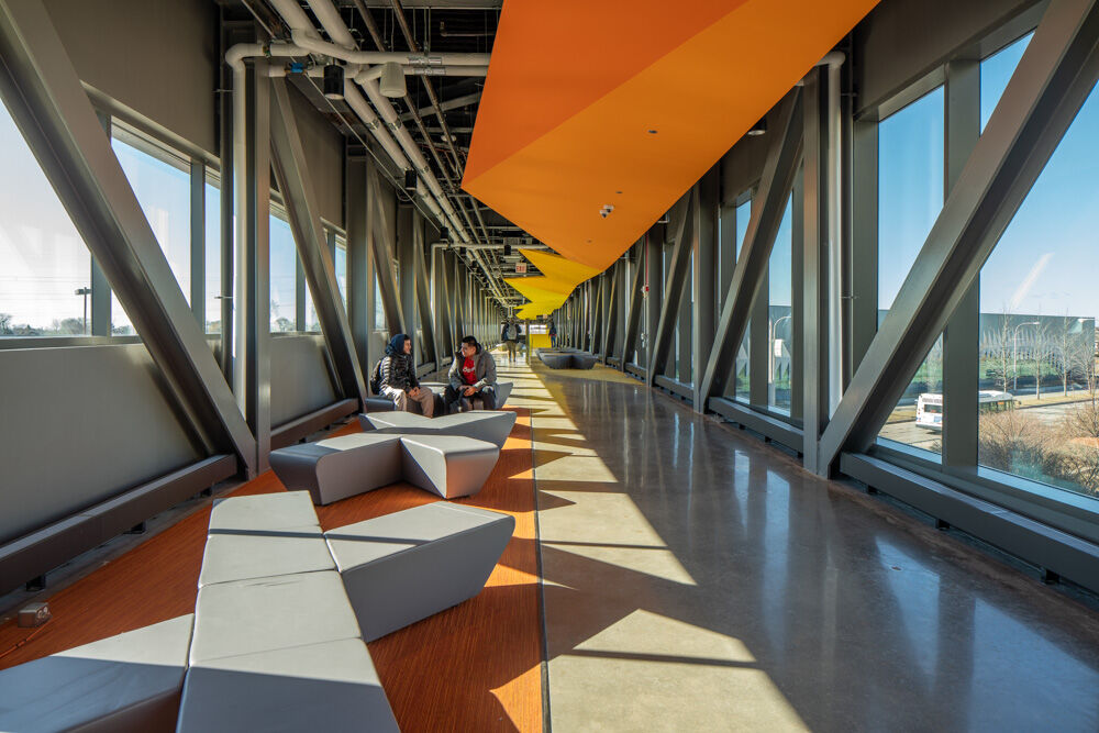 A strong industrial bridge links the south and north campus of Daley College