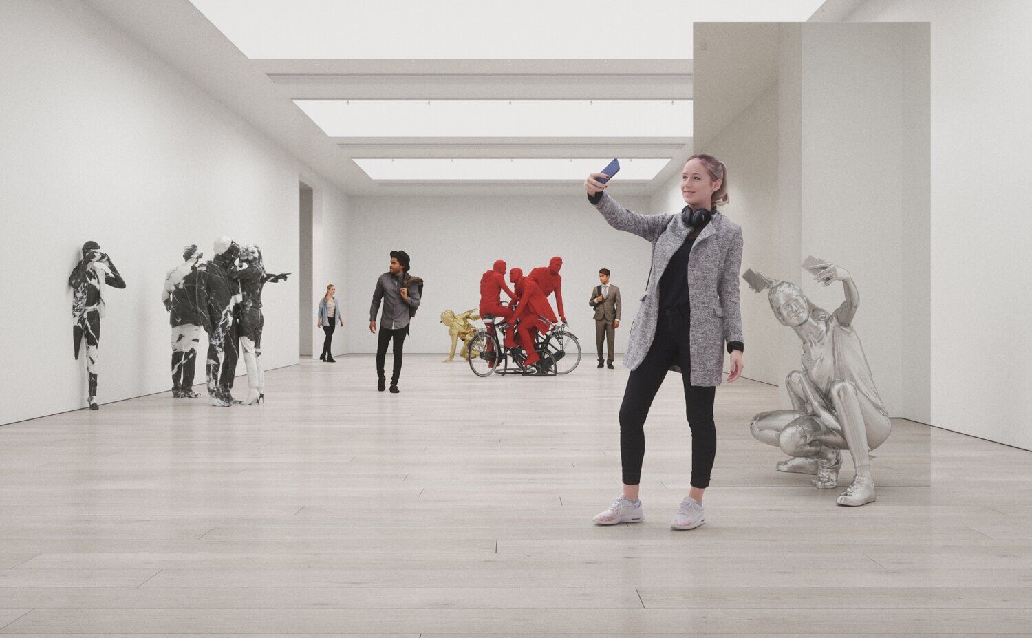 Woman Taking a Selfie Bisected by a Mirror
