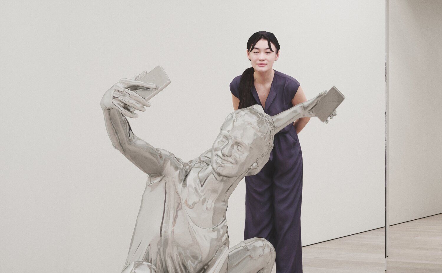Woman Taking a Selfie Bisected by a Mirror