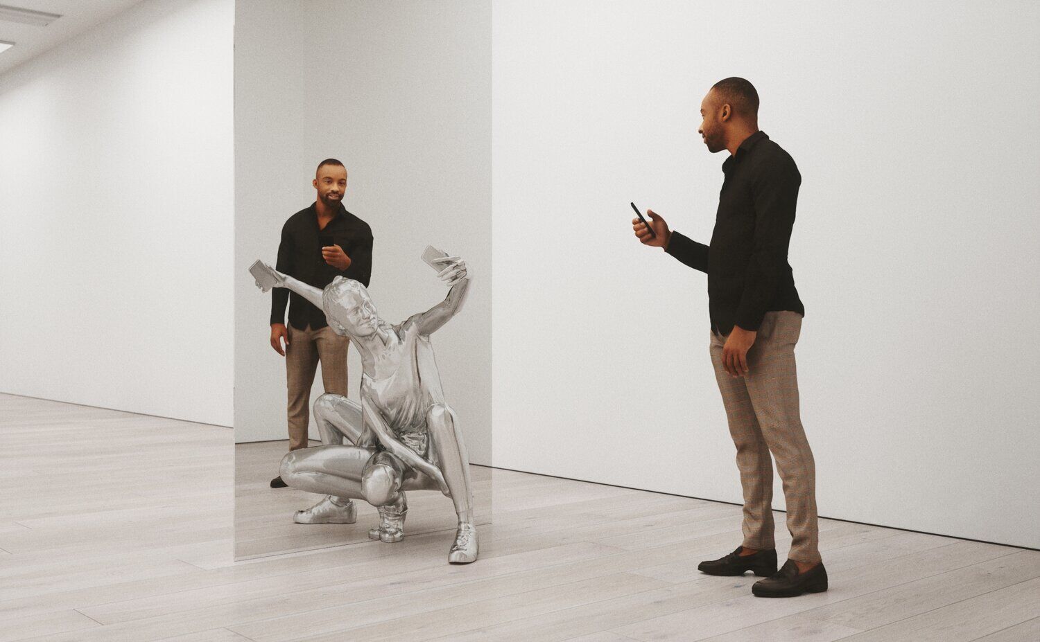 Woman Taking a Selfie Bisected by a Mirror