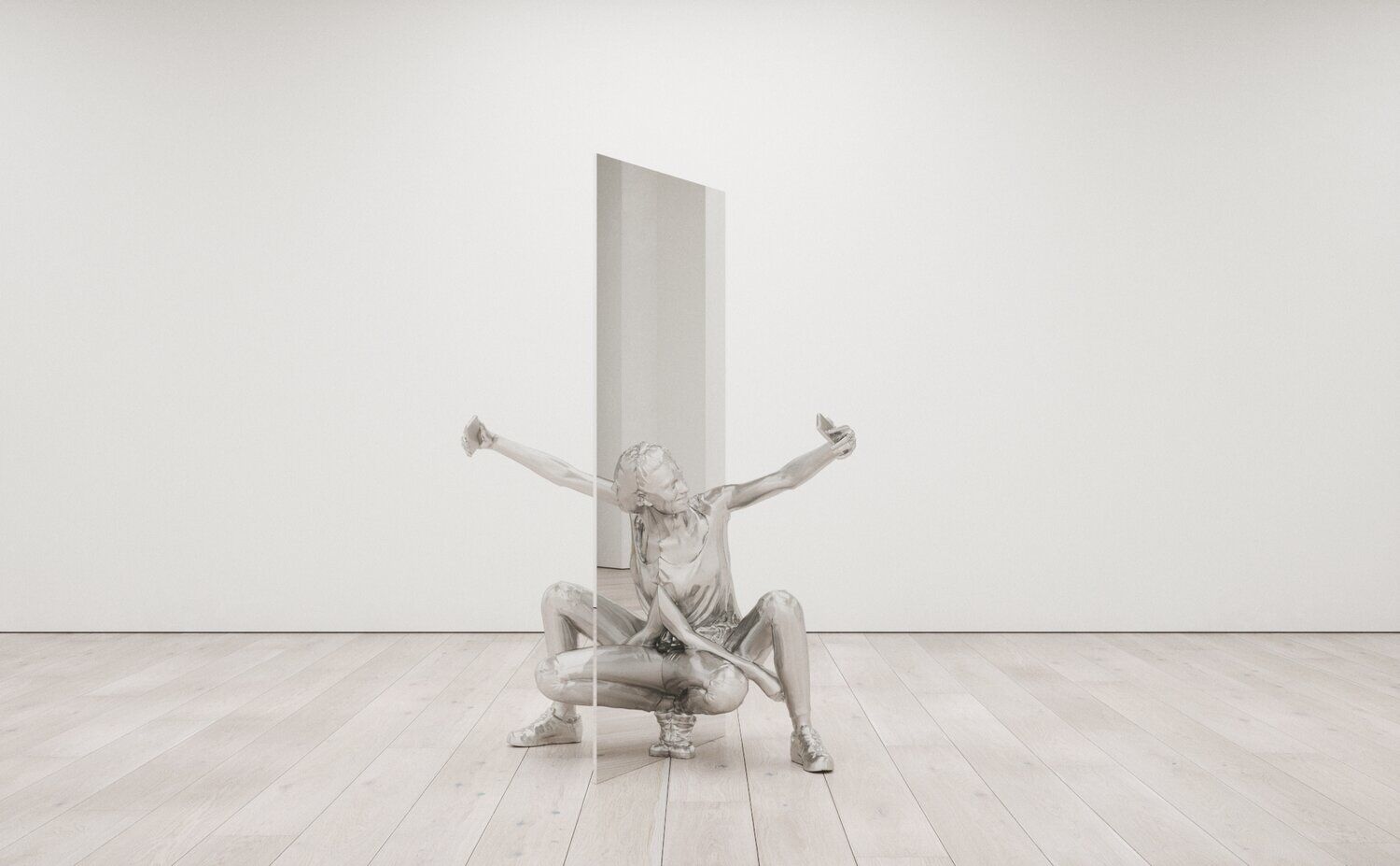 Woman Taking a Selfie Bisected by a Mirror