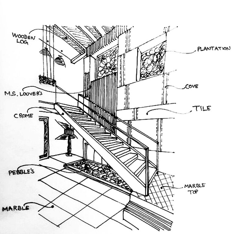 Sketched details of the stairway leading to the first floor.
