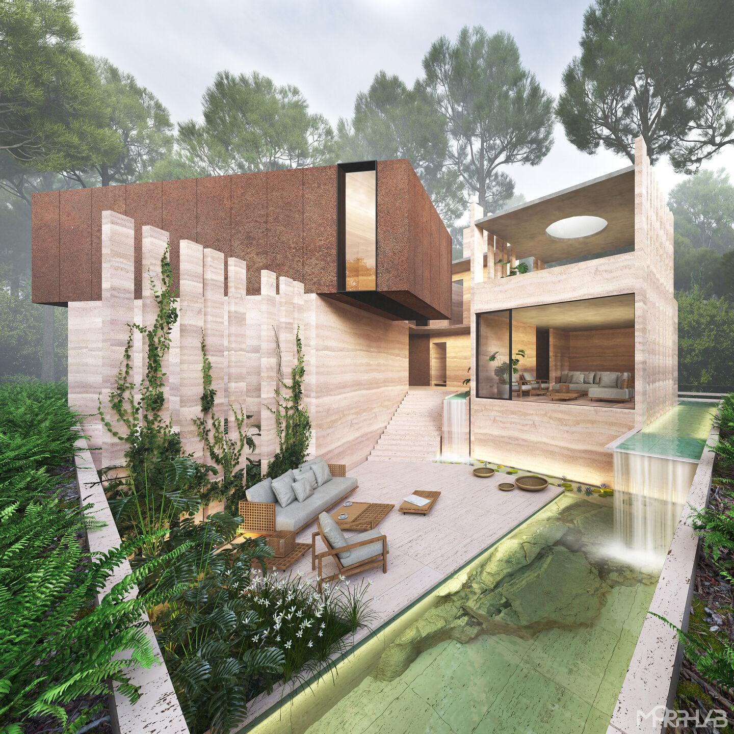 Living spaces overlooking the pool