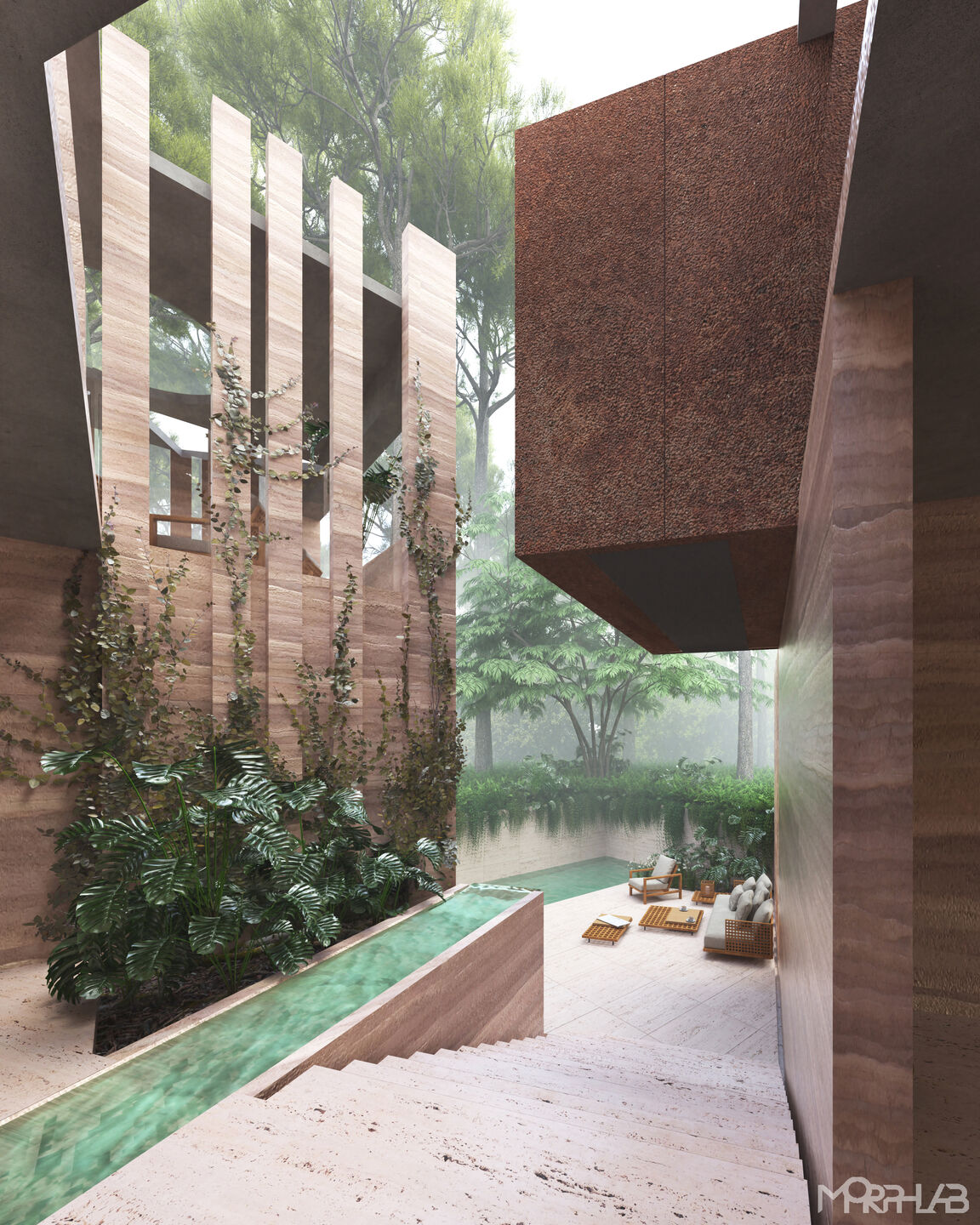 Steps leading to partially underground pool