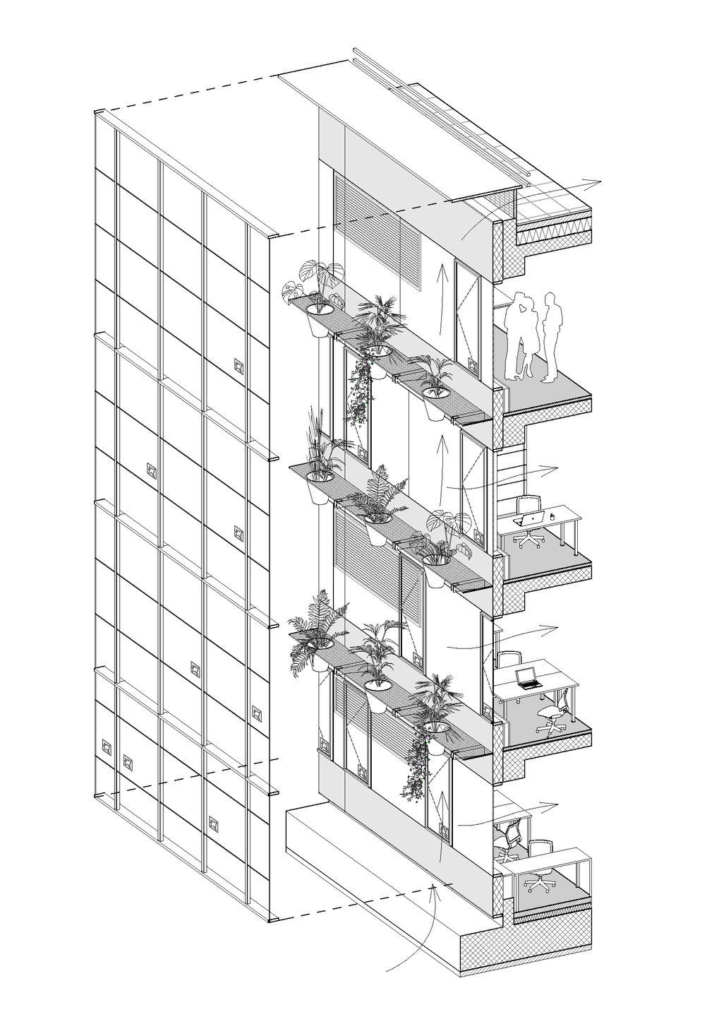 Double glass facade is equipped with containers for vegetation