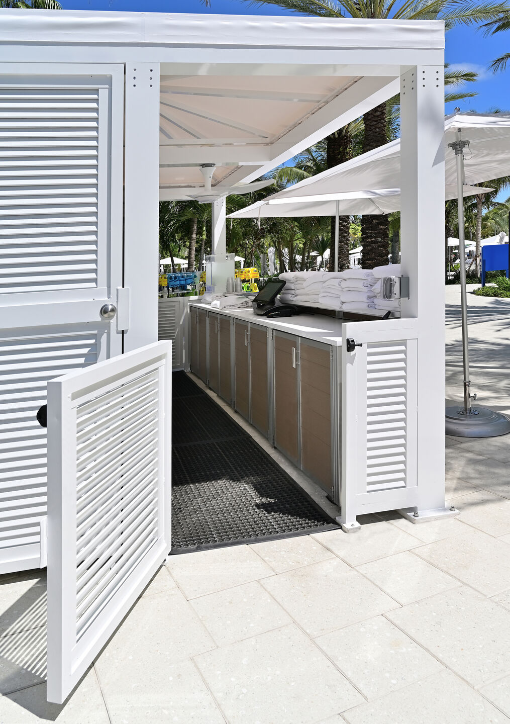 Custom Weatherproof Resort and Waterpark Pool Kiosk Desk and Locking Cabinets