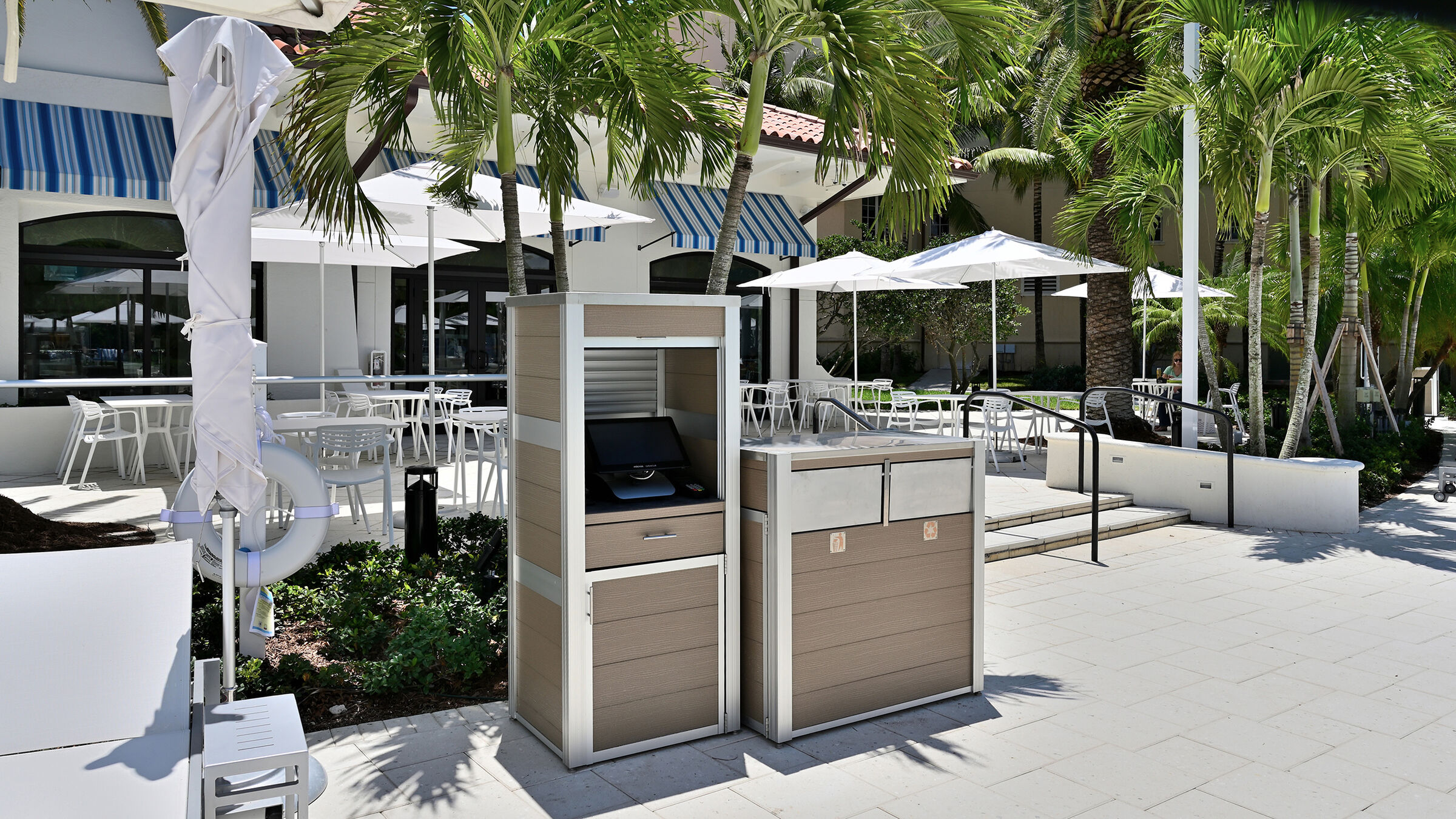 Weatherproof POS Cabinet and Modern Commercial Combination Trash and Recycling Receptacle