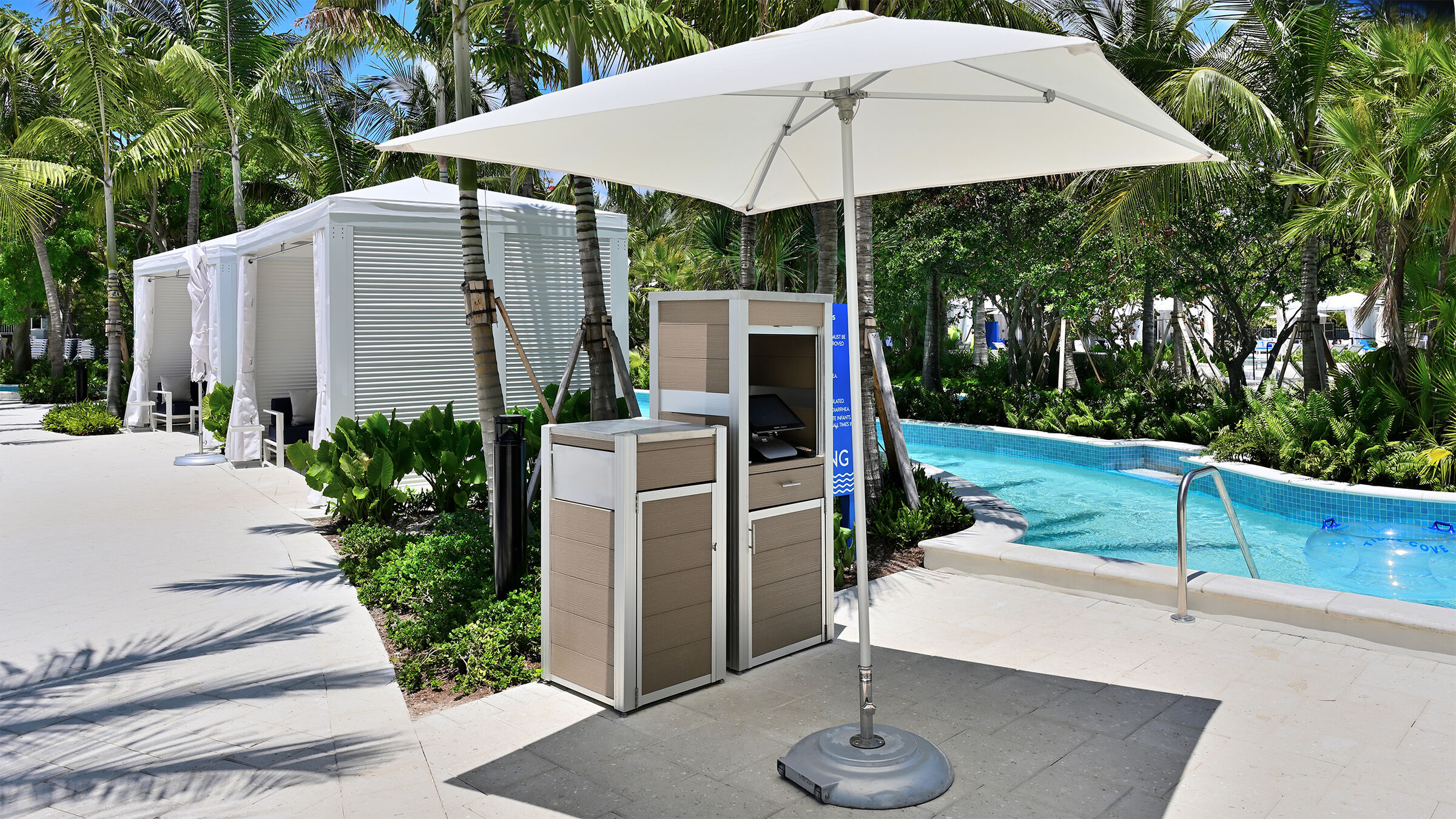Weatherproof POS Cabinet and Modern Commercial Trash or Recycling Receptacle