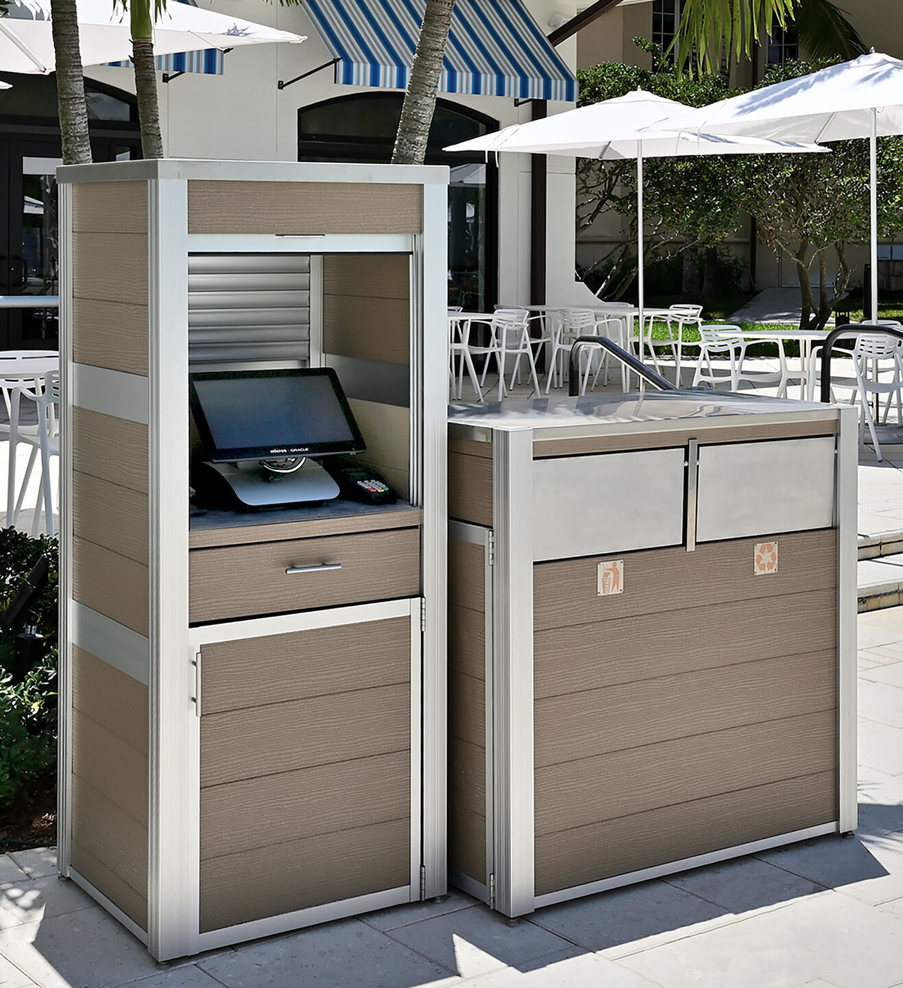 Weatherproof POS Cabinet and Modern Commercial Combination Trash and Recycling Receptacle