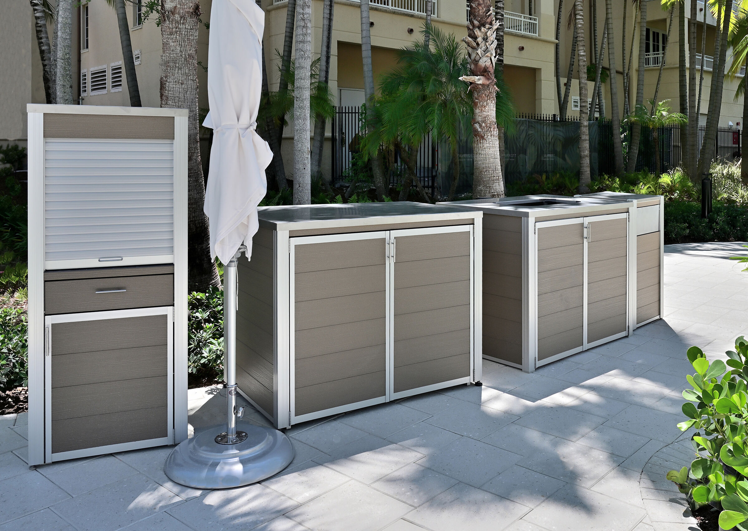 Weatherproof POS and Pool Towel Cabinet, Towel Return Cart Enclosure and Modern Trash or Recycling Receptacle