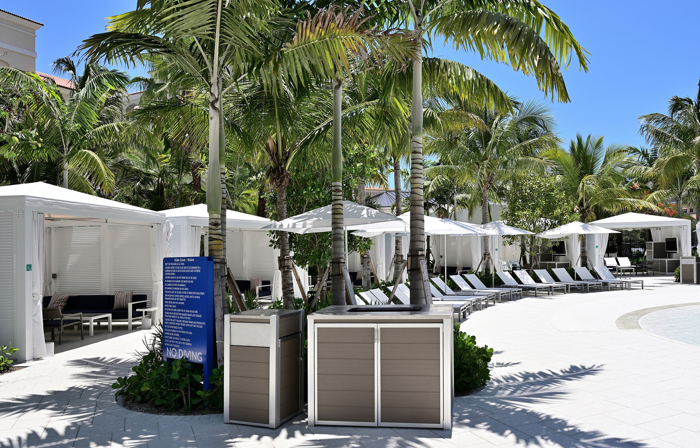 Weatherproof Pool Towel Cabinet and Modern Commercial Trash or Recycling Receptacle