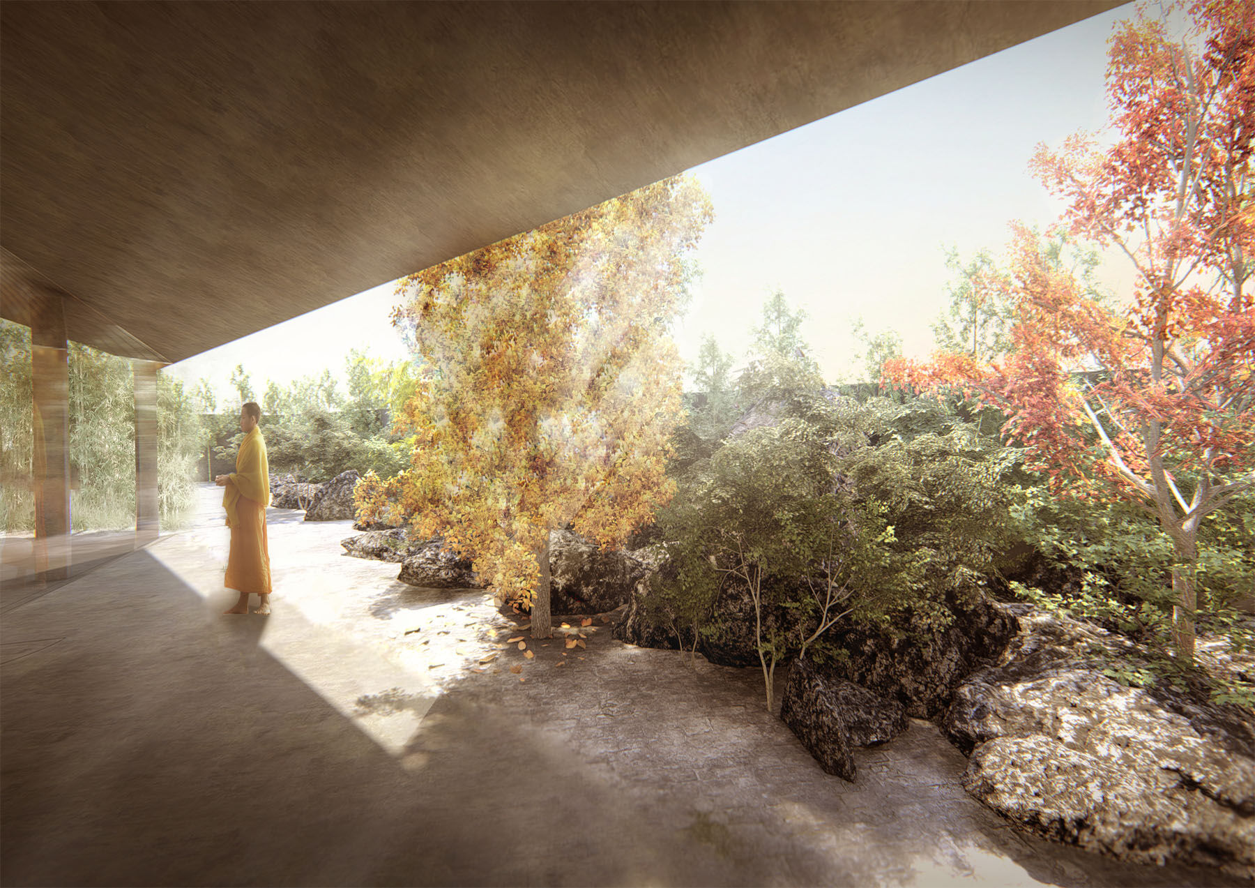 The seasonally changing landscape outside the temple presents the instantaneity of the place