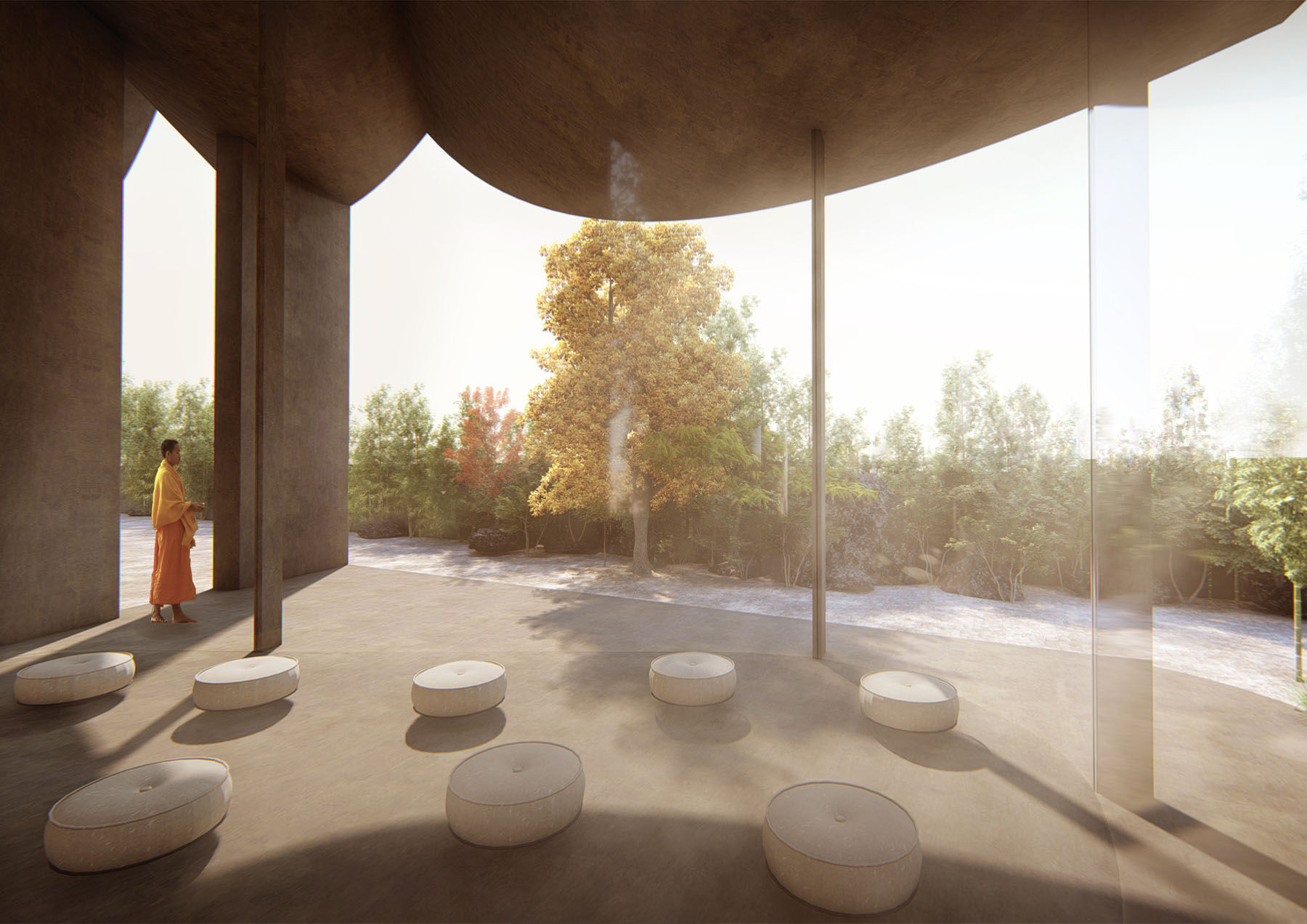 The framed view of the Buddhist temple presents rough concrete and elegant trees