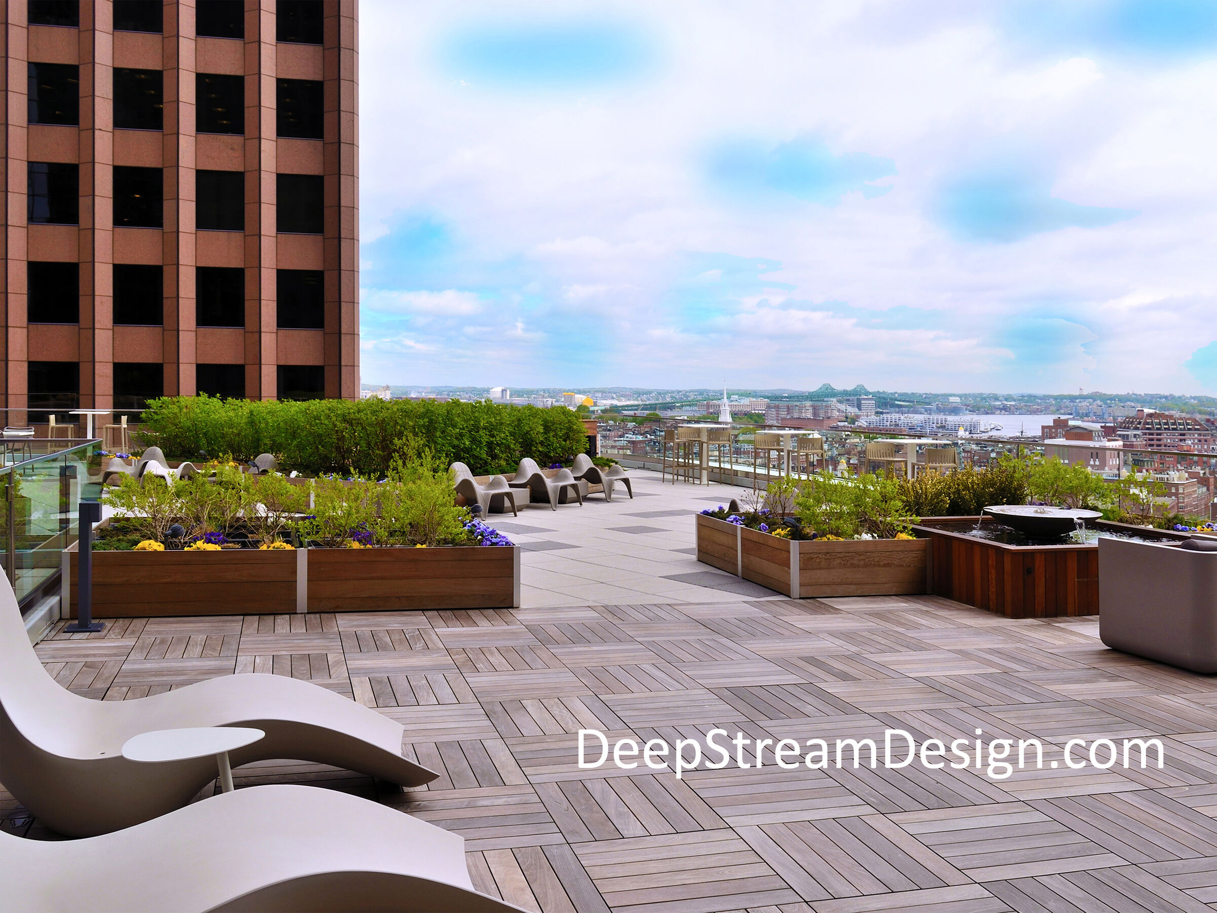 DeepStream's custom cost-effective, multi-section commercial wood planters create the landscaping foundation for an exclusive building amenity high above Boston’s harbor without requiring roof penetrations.