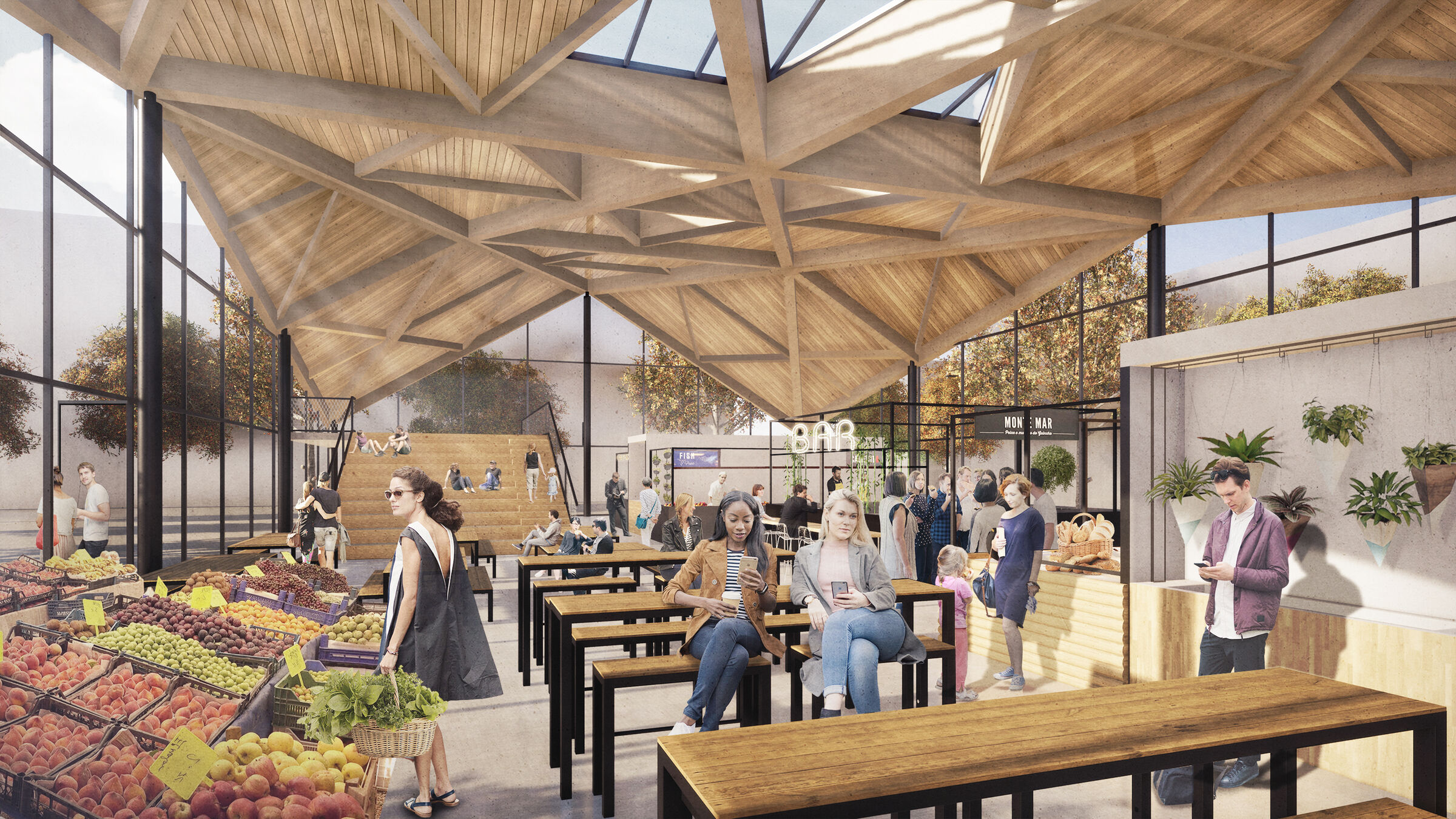 The open glazed façades invite passers-by to come inside, explore the venue and enjoy a quick bite to eat, as well as ensuring a good connection between the indoor and outdoor space.