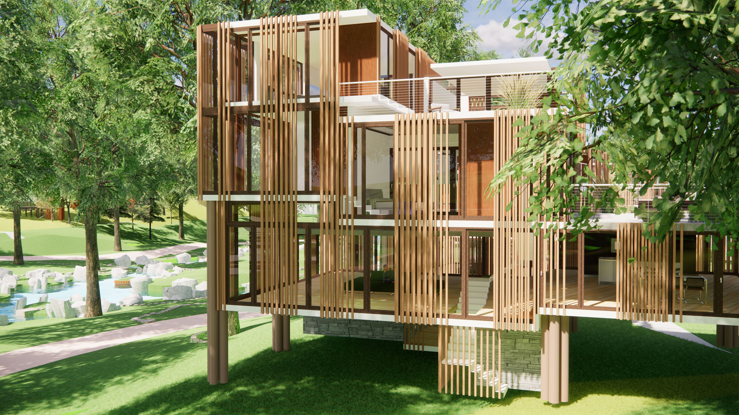 A comfortable dwelling unit where the louvers and walls overlap in layers to moderate the hot and humid environment.