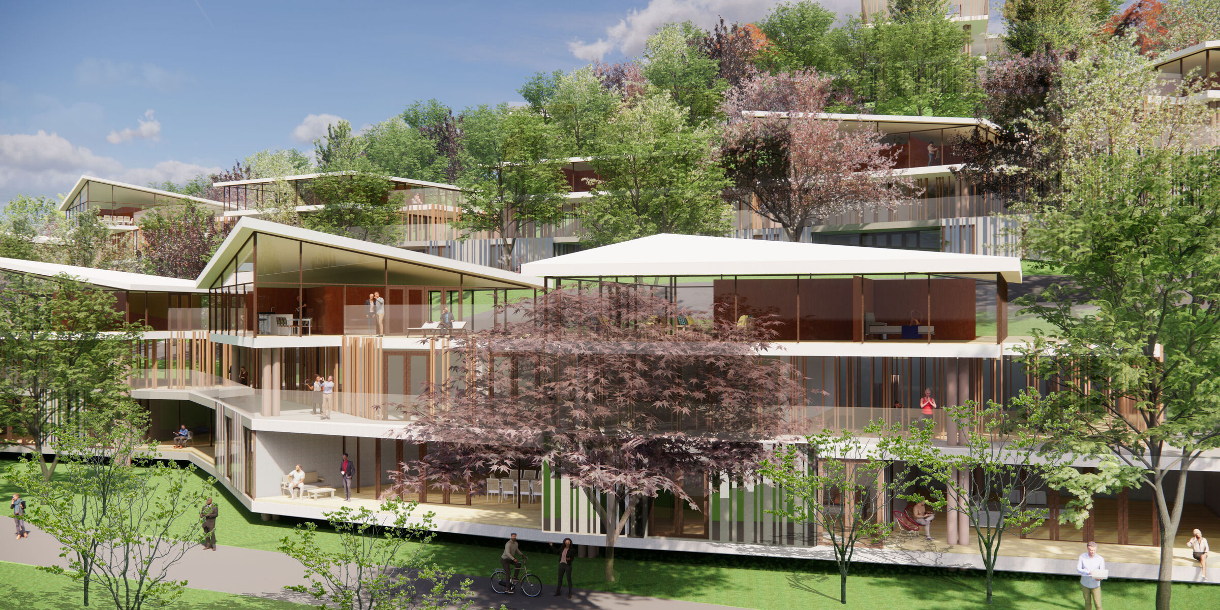 Y15 Hillside Townhouse A three-dimensional townhouse that makes it possible to utilize a large space by stacking separate buildings on the 1st, 2nd, and 3rd floors instead of arranging them side by side.