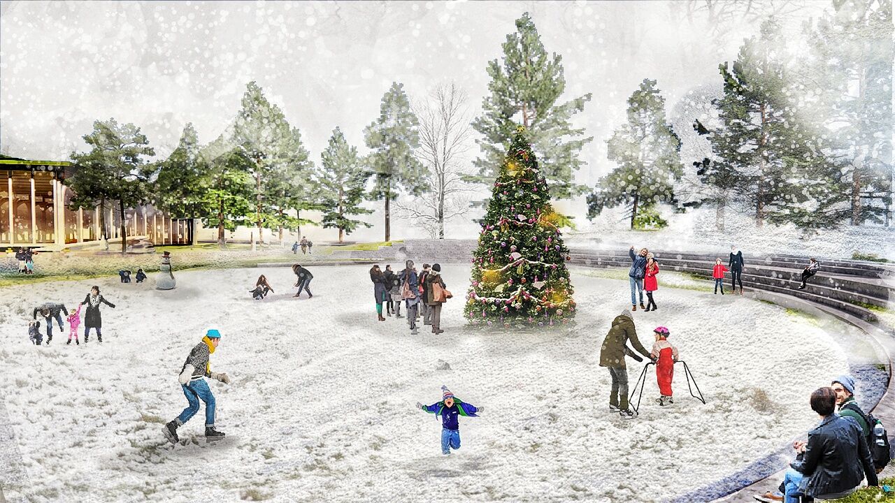 View of ice skating rink in Stoties Square