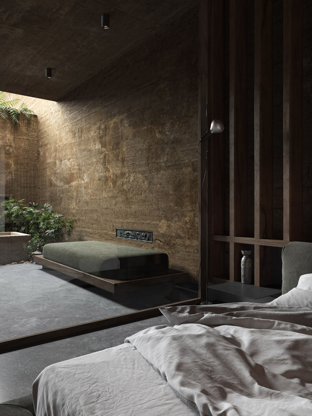 We assume that this plaster will be created by an artist who specializes in wall decoration. On top of the concrete, apply several layers of decorative plaster with an aging effect and, by experiment, obtain the desired result.