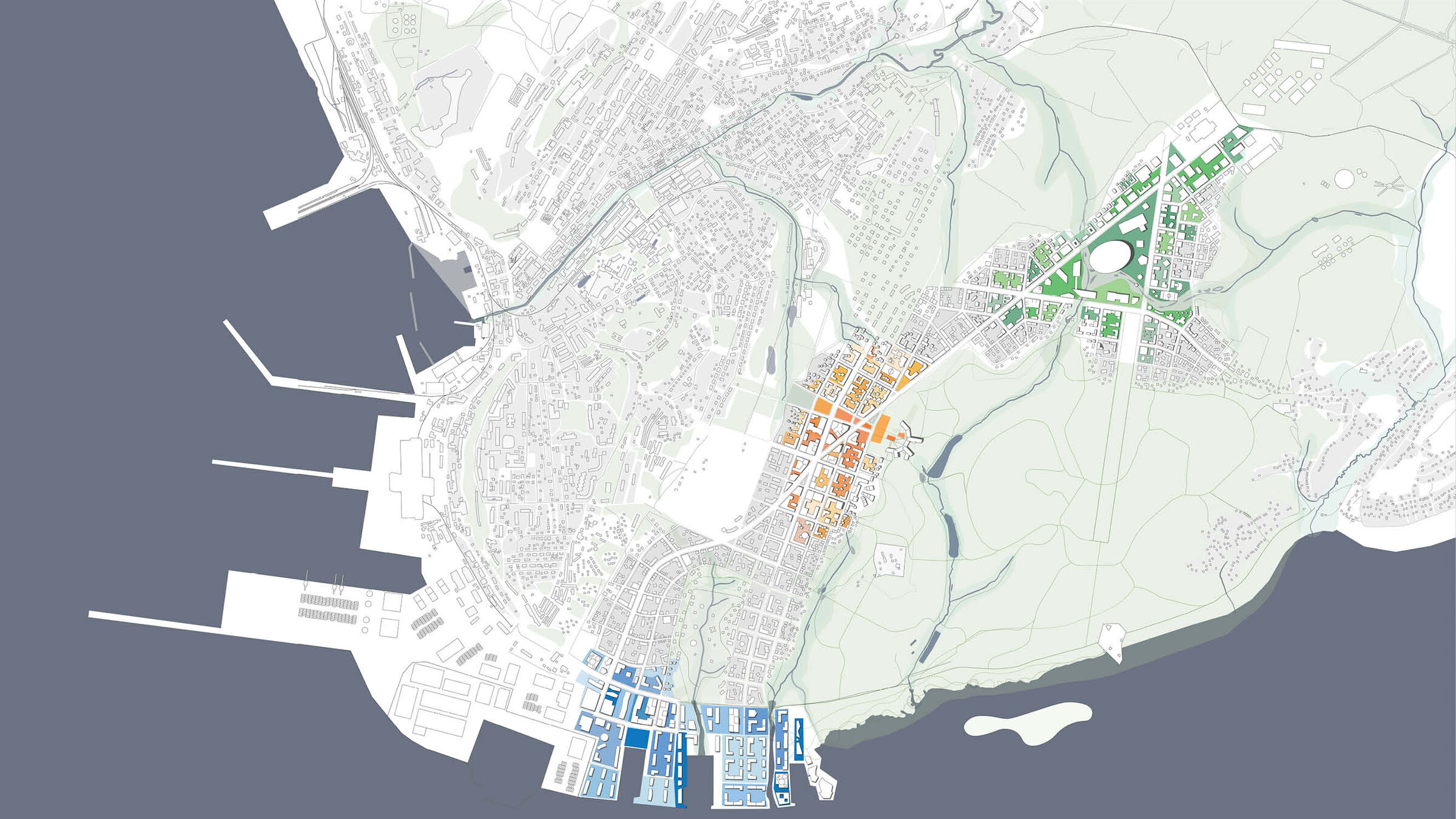 Spatial configuration - diversity strategy. Green -science cluster, orange - culture & education cluster, blue - business cluster.