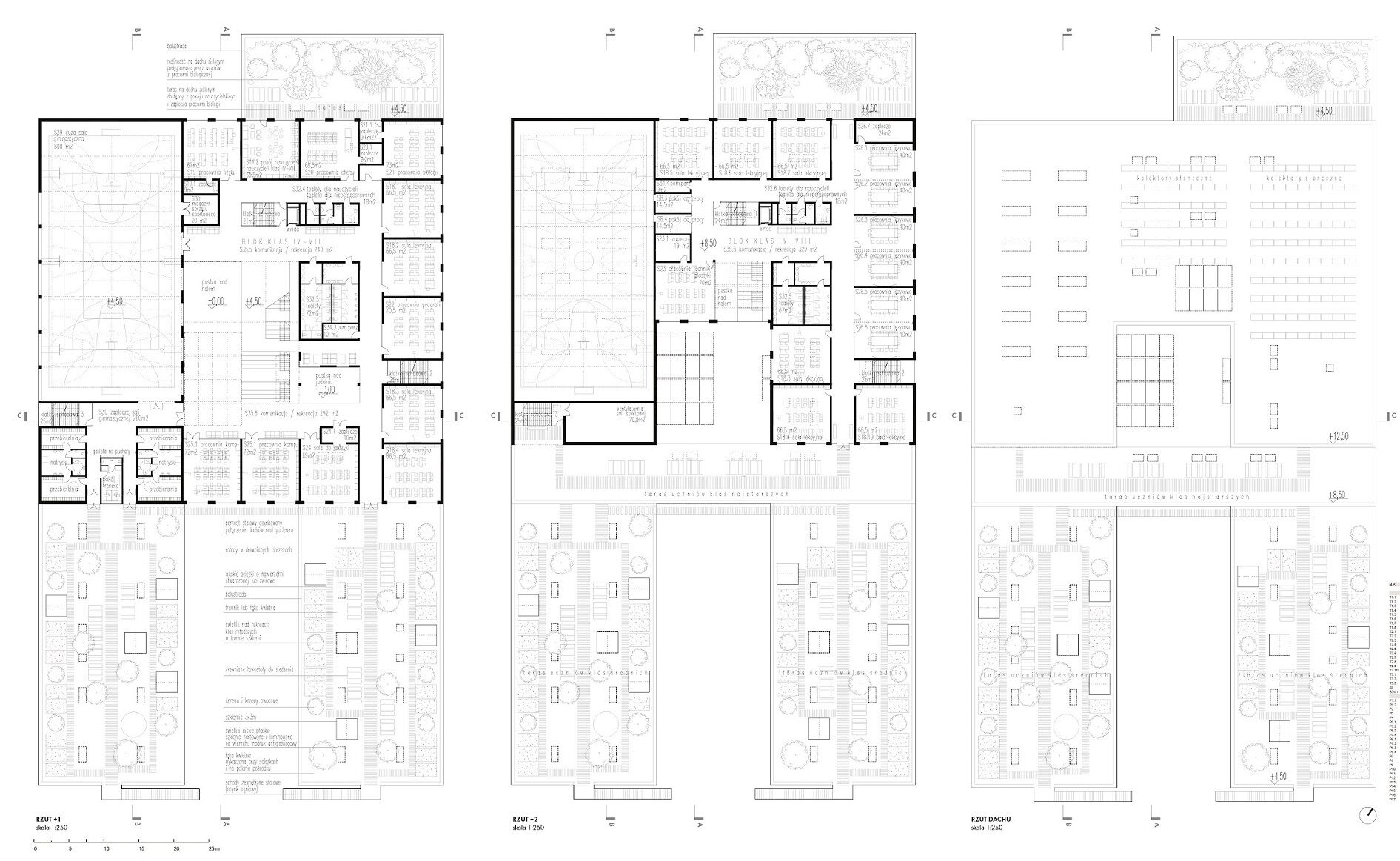 Plans of floors +1, +2 and roof plan