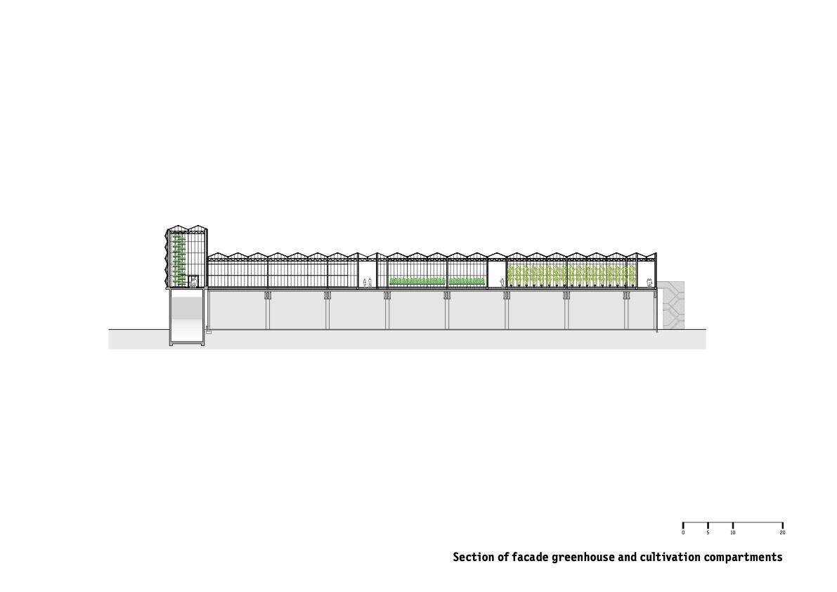 Section of facade greenhouse and cultivation compartments