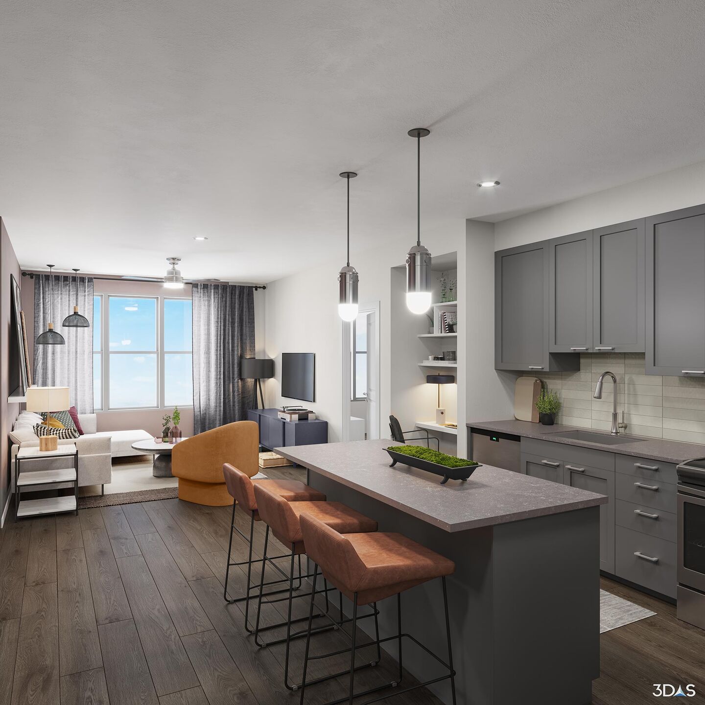 Kitchen & Living Room  3D Rendering