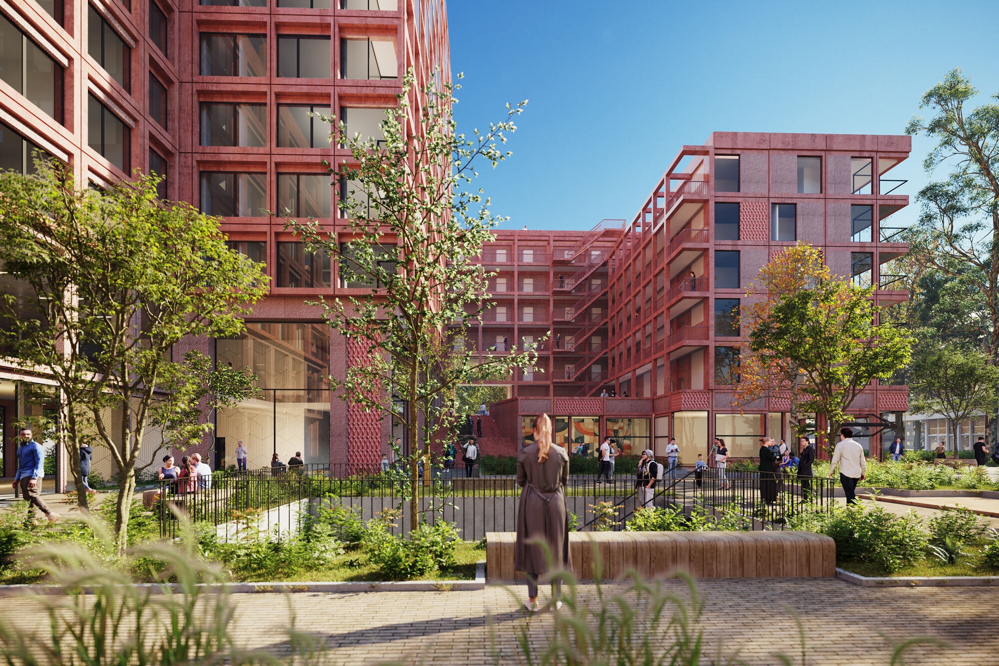 Green court yard offers access to parking garage