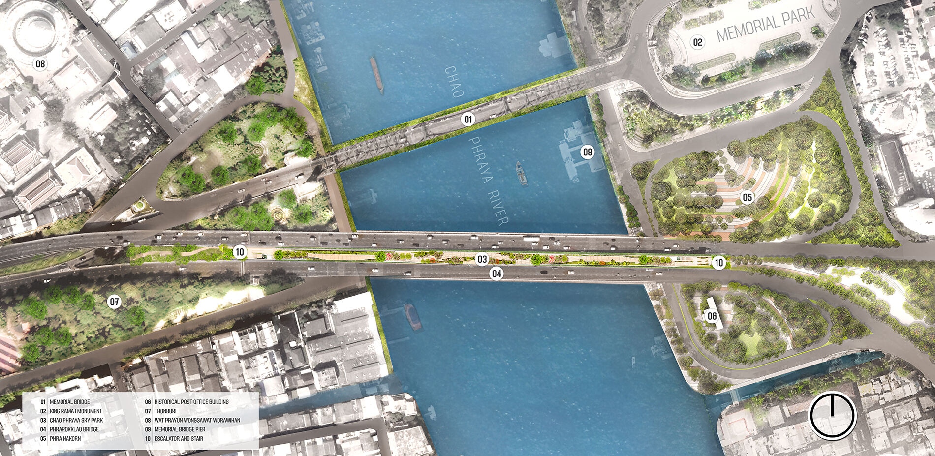 the CPSP creates the first pedestrian bridge across the river for the nation, enabling dwellers to traverse on foot. Once inaccessible, the wasted infrastructure now links Bangkok’s significant cultural and historical landmarks.