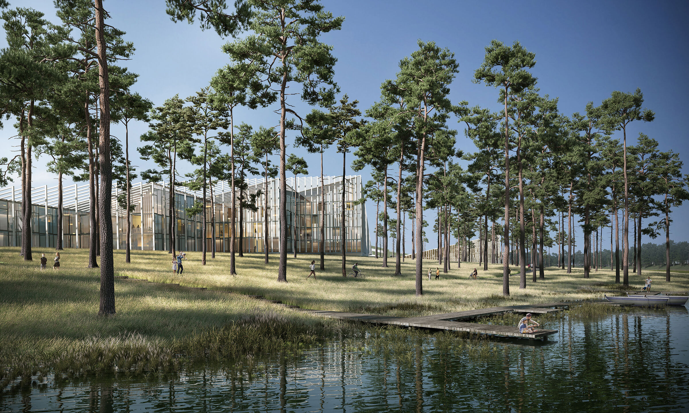 Recreated ecosystem of Dnipro river with pine trees and swamps
