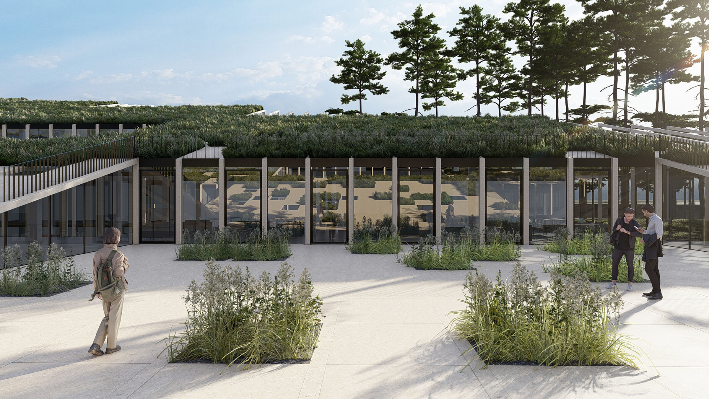 Green roofs all over the axis of the campus to ensure active mobility and local food production