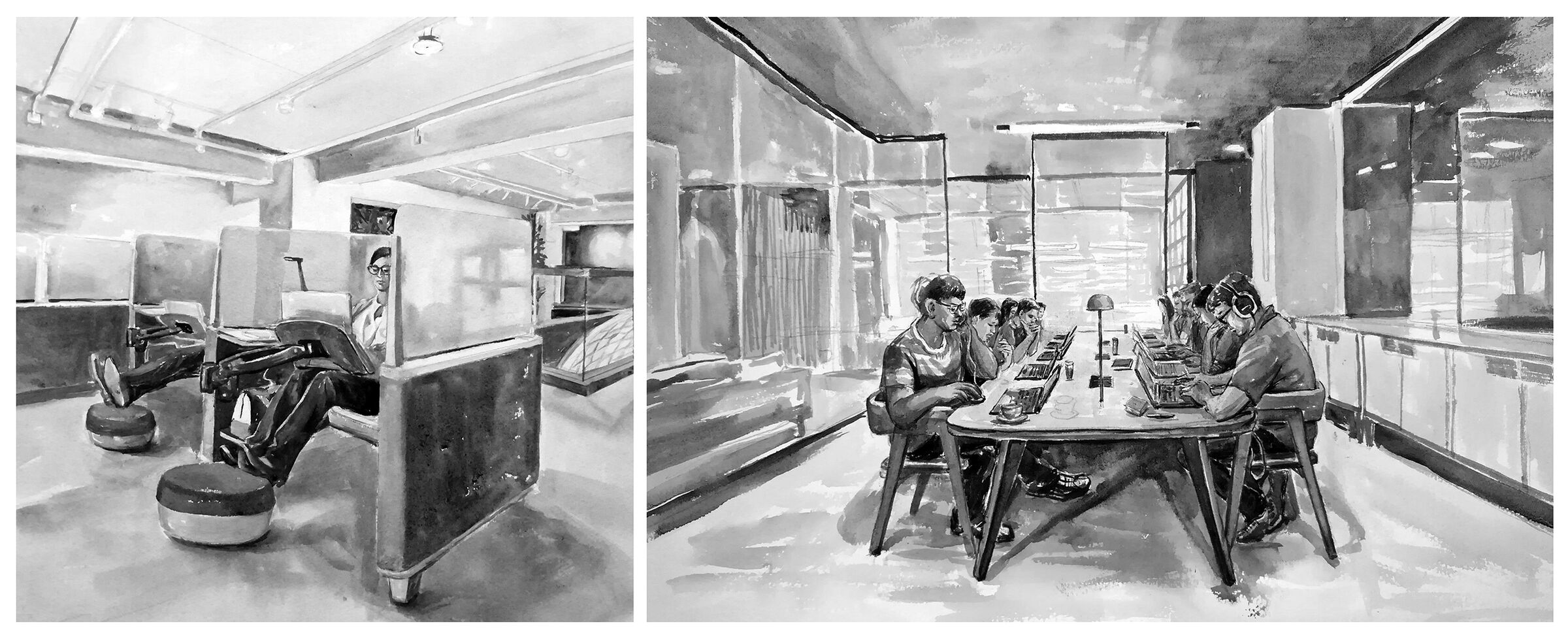 To ease workers’ tiredness from long working hours, the space provides open office areas and “first-class” seats. Hand drawing