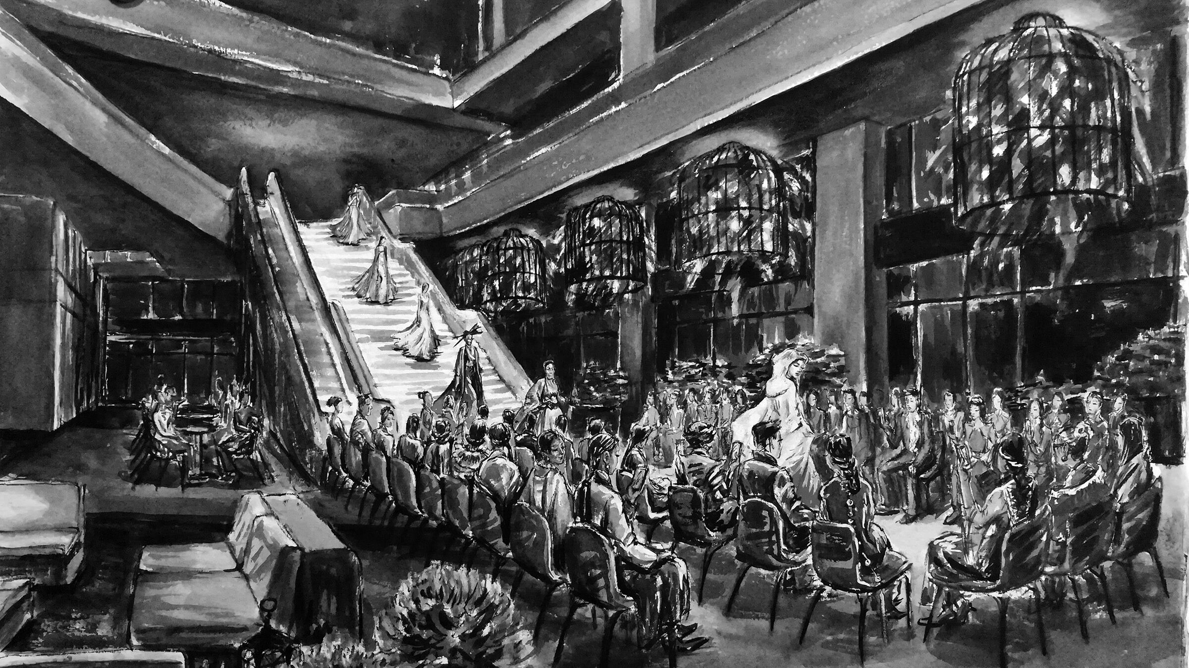 The atrium can be used to host parties or fashion shows Hand drawing