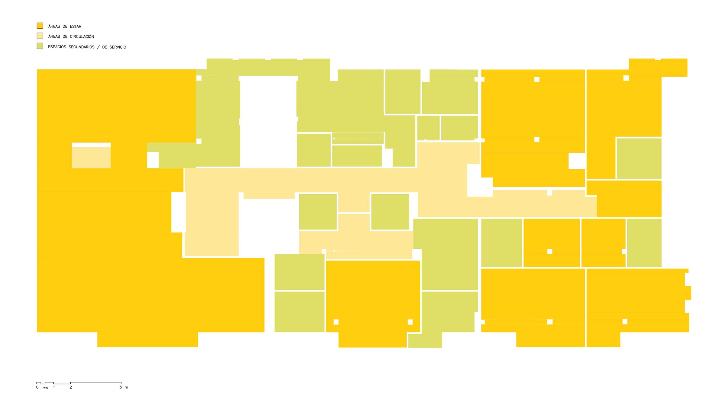scheme [yellow: living, green: service, light: circulation]