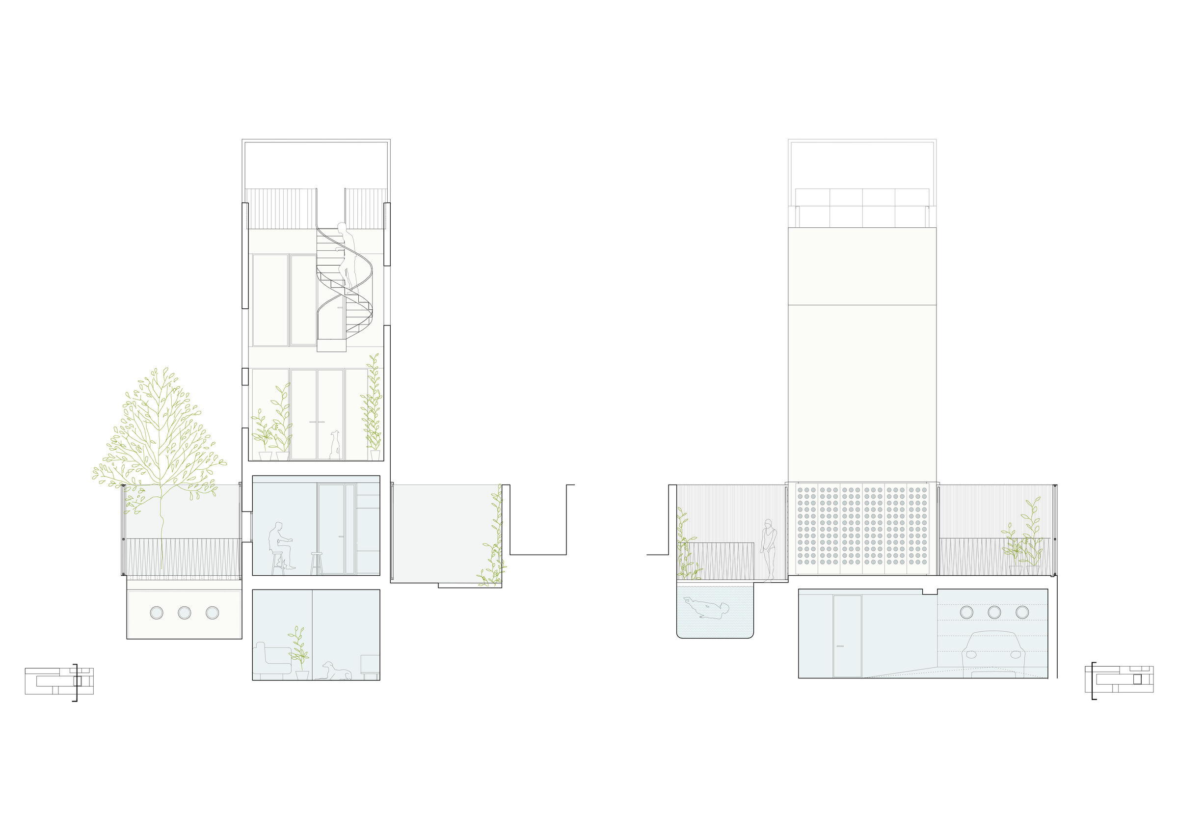 Section through terrace and West elevation