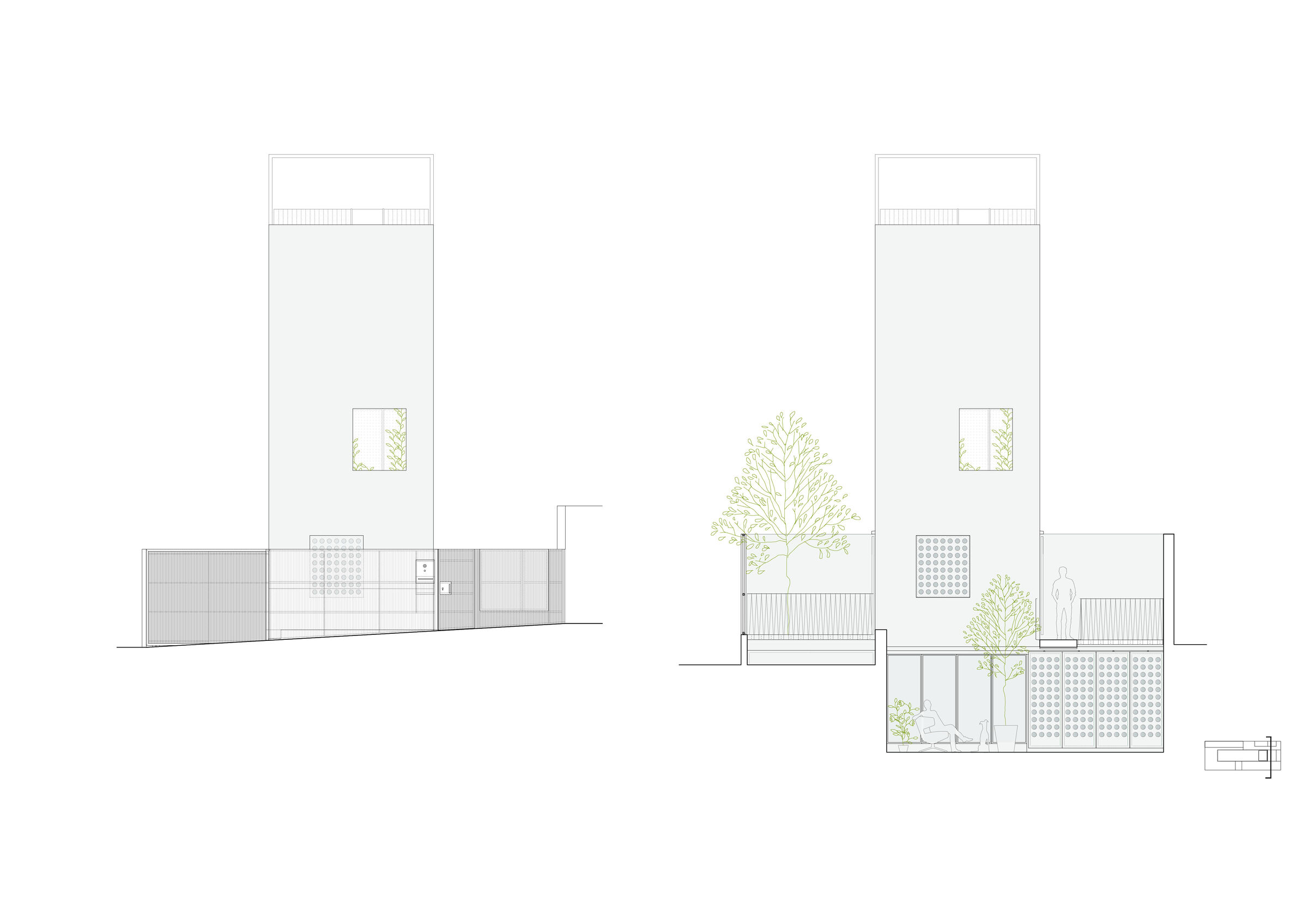 Main elevation and section through courtyard