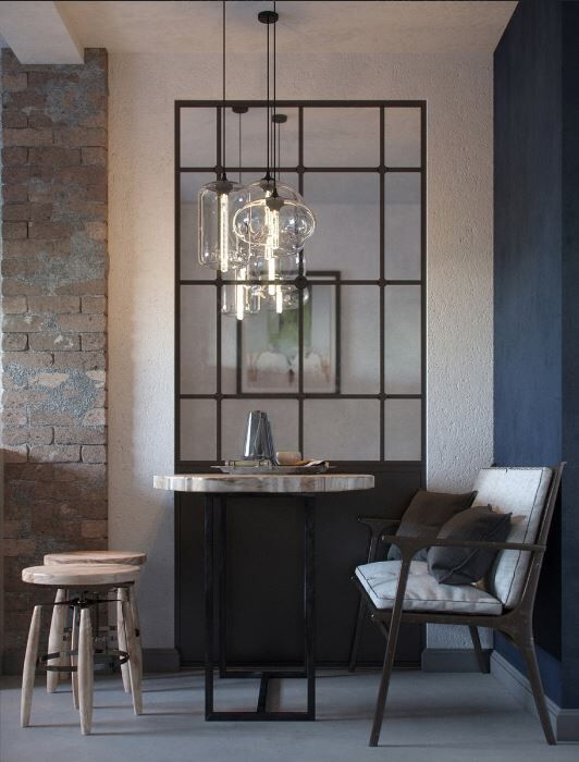 Dinning area with wooden furniture and mirors