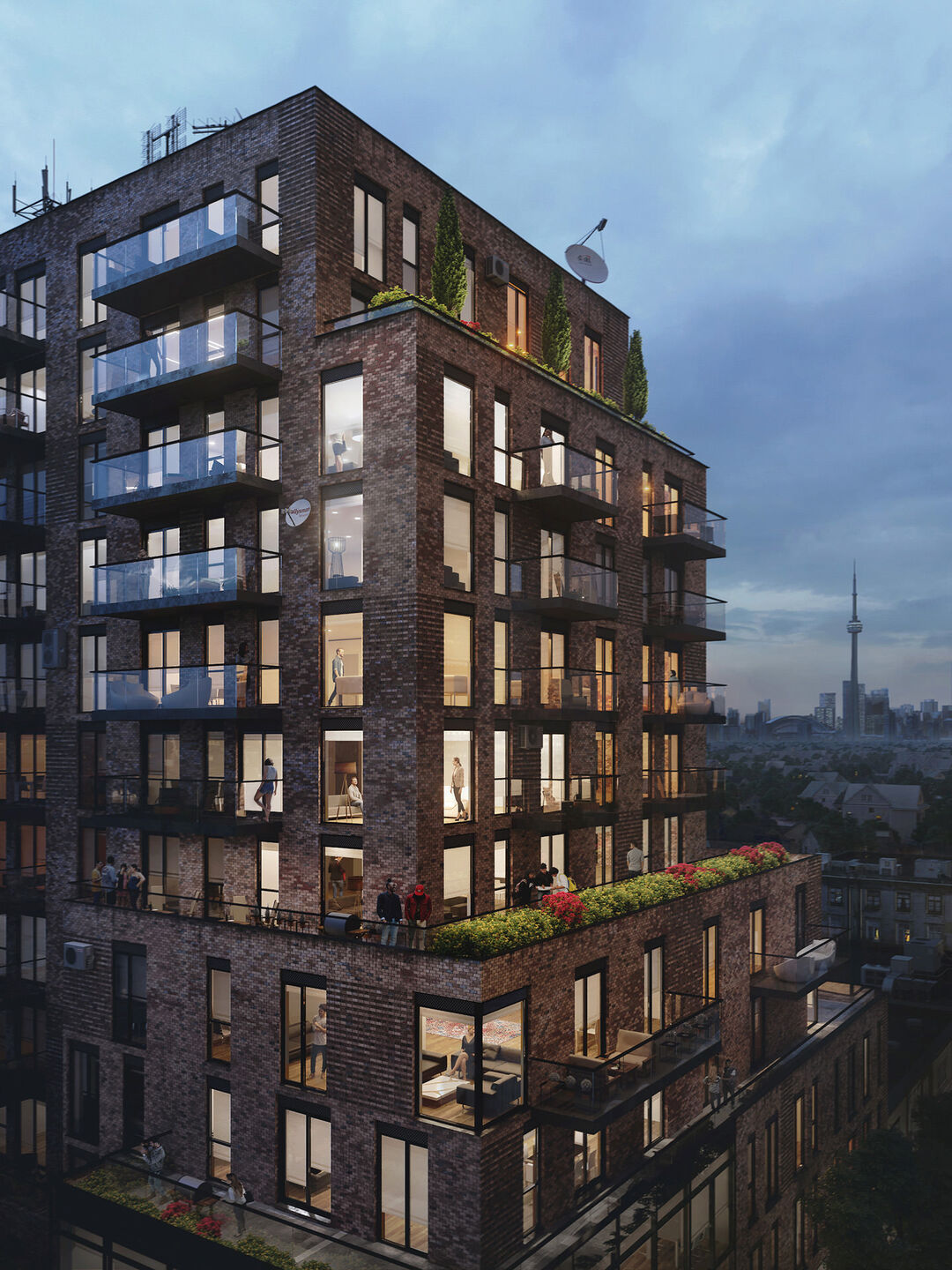 3d exterior visualization of a residential brick building