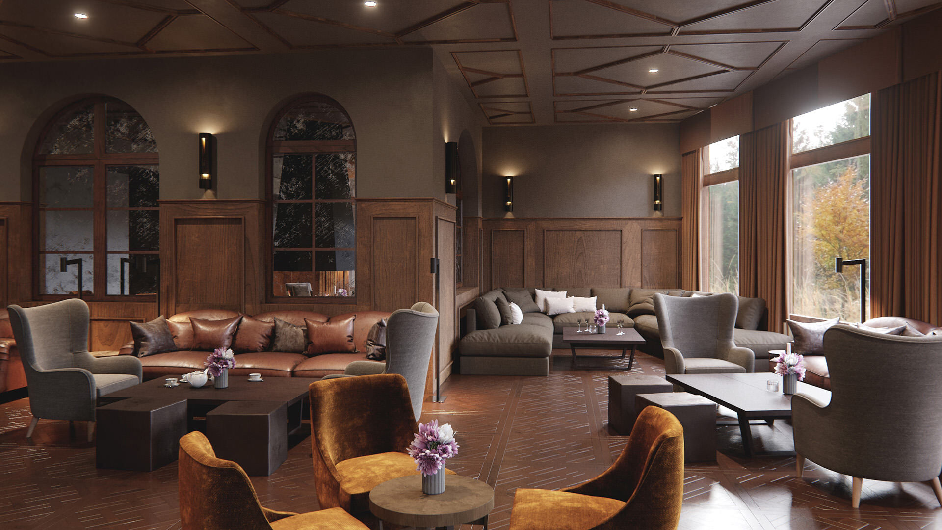 Lobby with leather armchairs ans wooden furniture