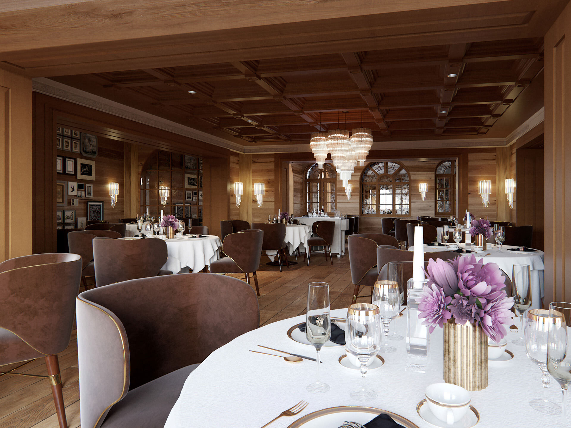 3d visualization of dinning zone with nicely dressed tables