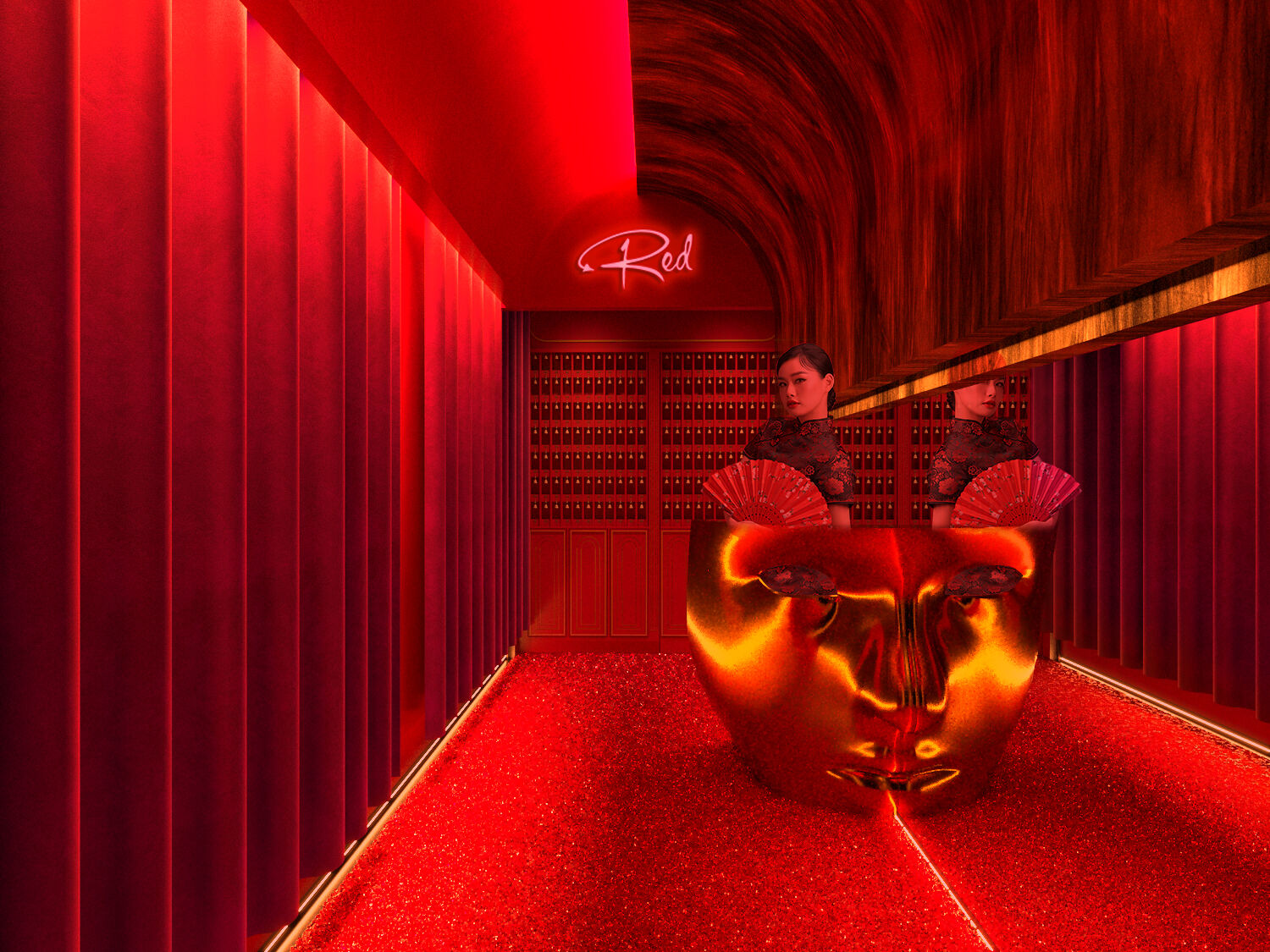 The foyer and custom mask-shaped reception