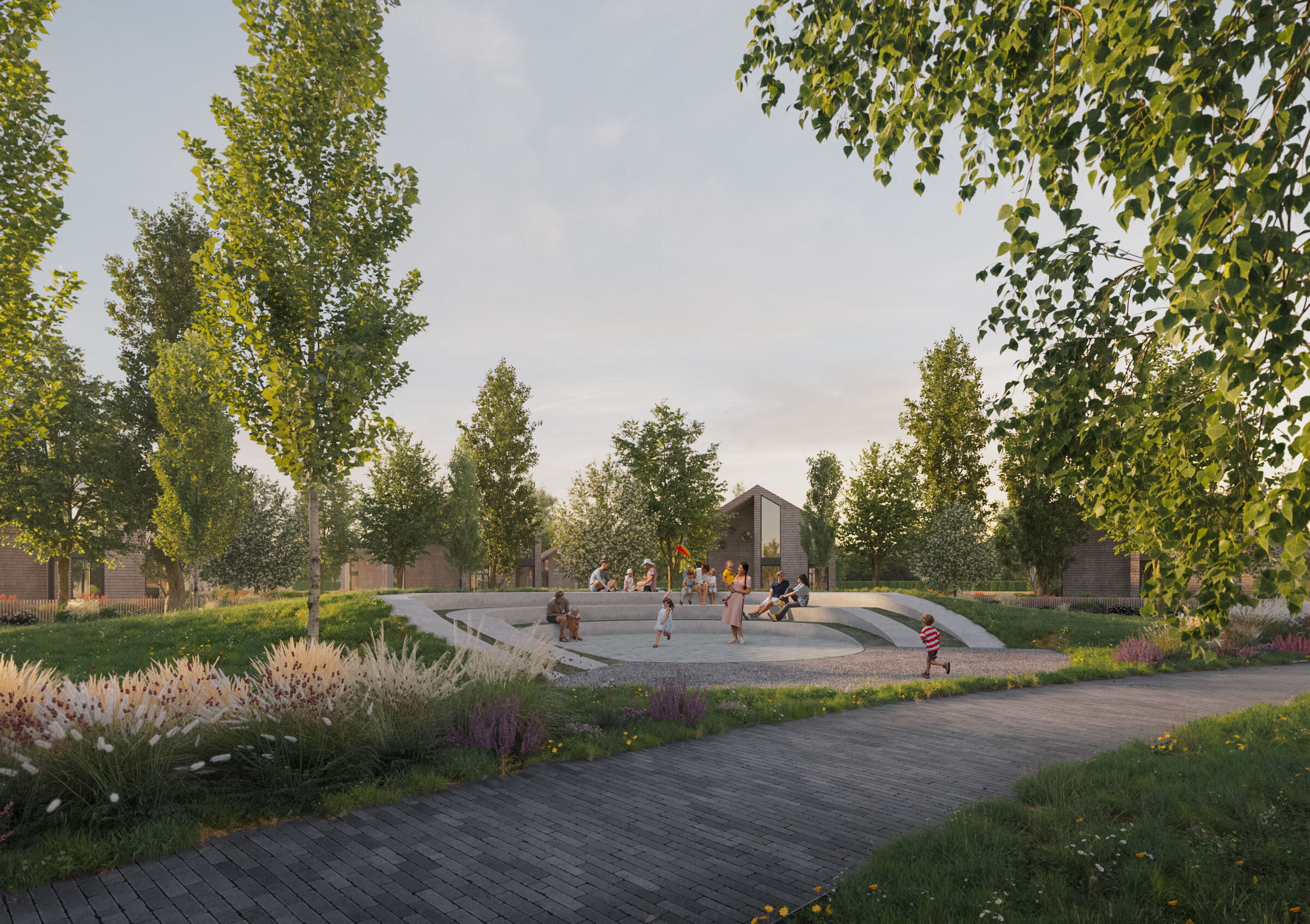 A landscaped street amphitheater