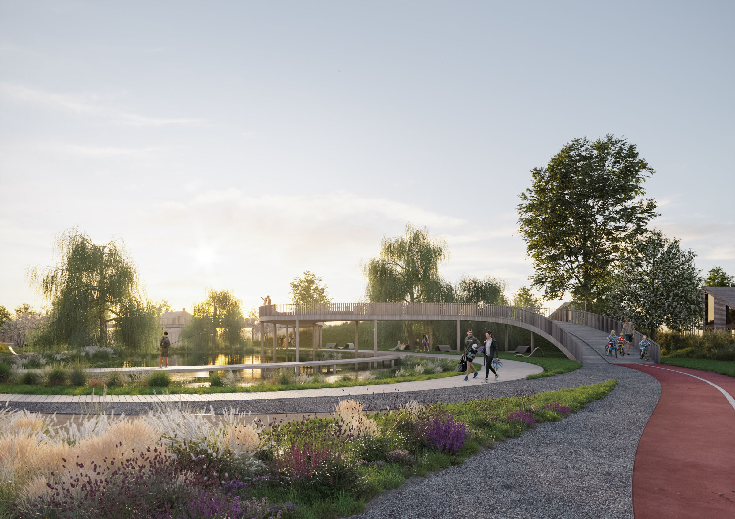 A pond with a bridge for recreation and fishing