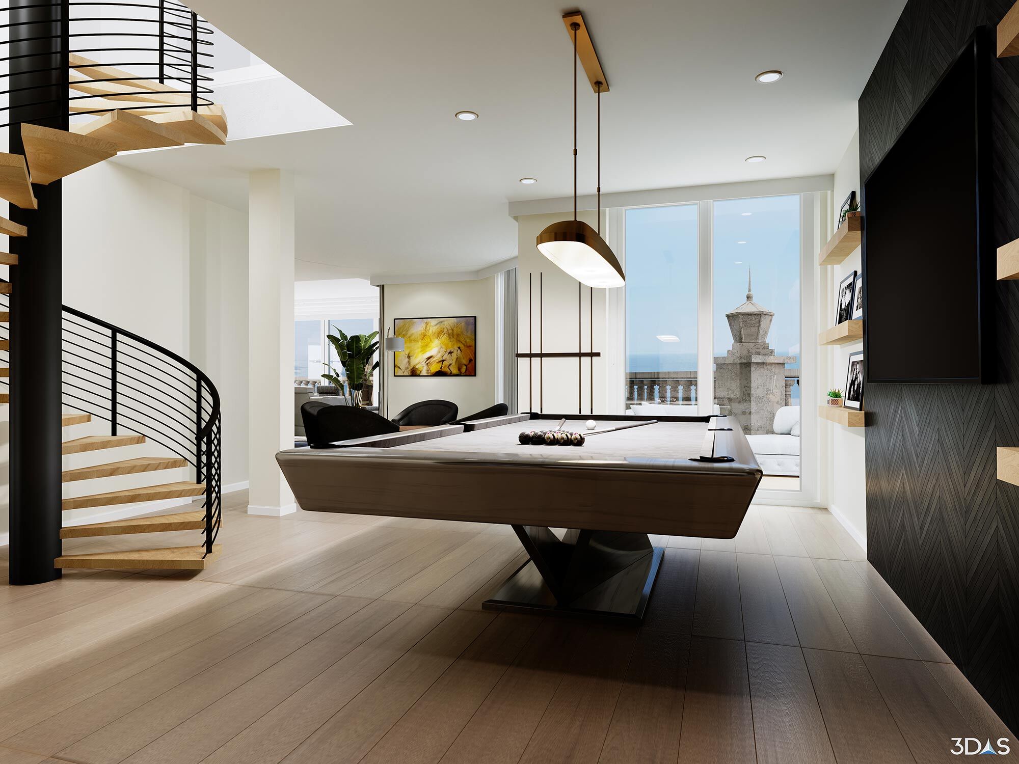 3D Game Room Overlooking Ocean
