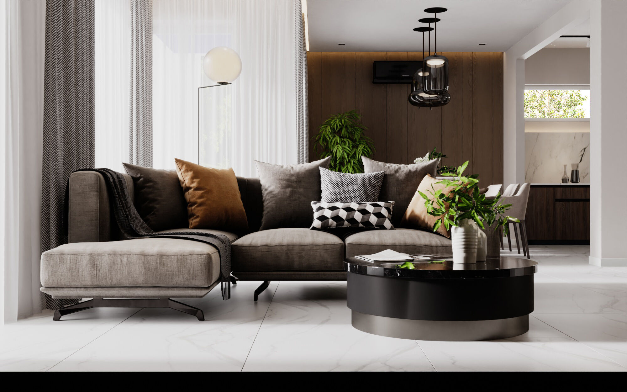 Opposite the dining area is the living area, with a corner sofa with legs and a bright TV area that mirrors the paneled wall in the dining room. There is also a fireplace, which certainly adds coziness.