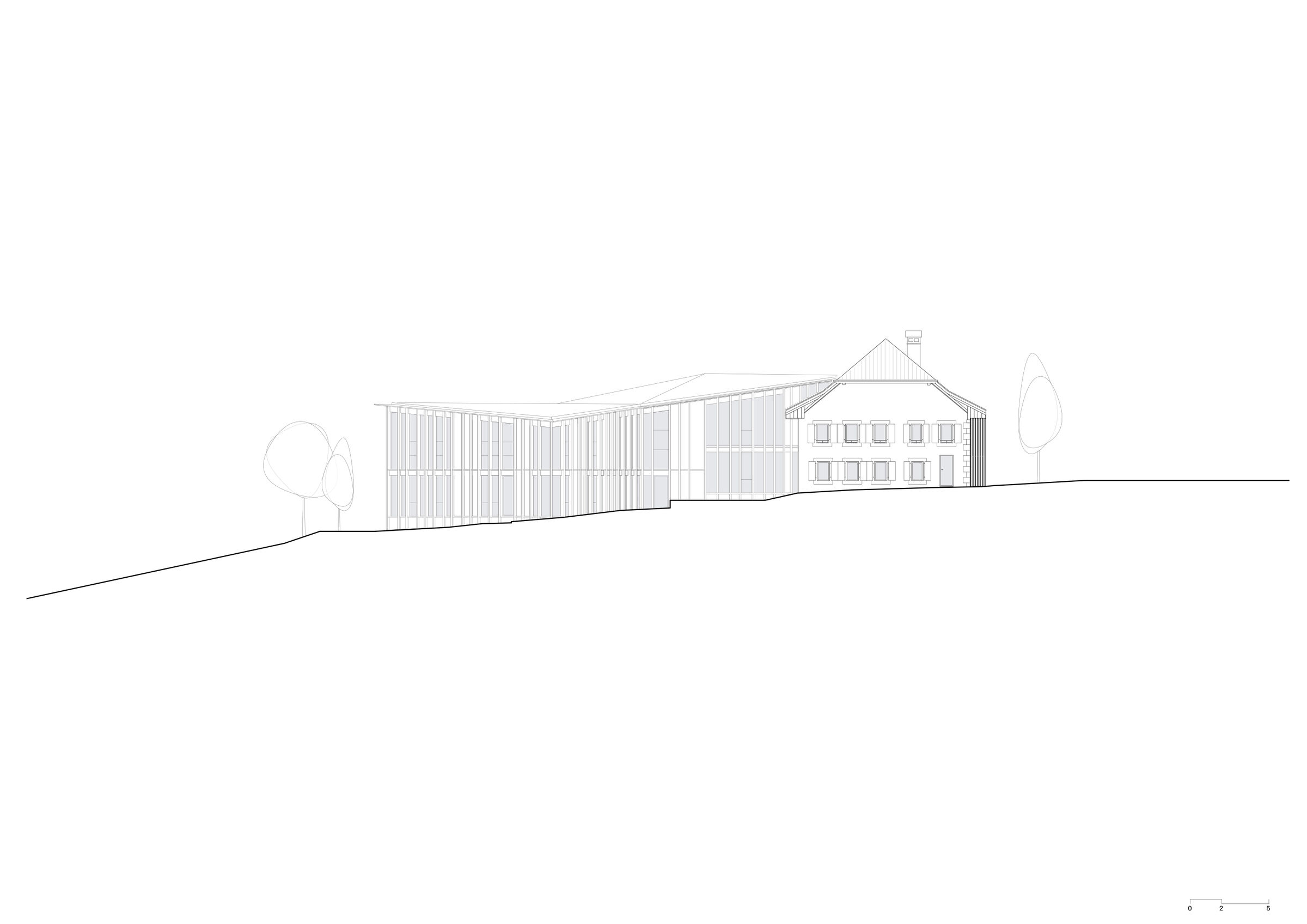 South elevation with the barn