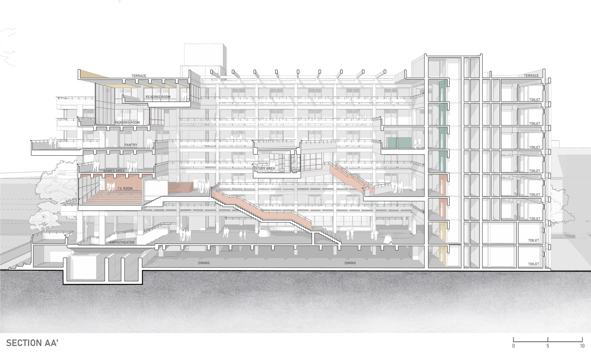 Section AA’:  expresses the view of all the living bridges which are the vertical and horizontal connecting web of the Student Housing.